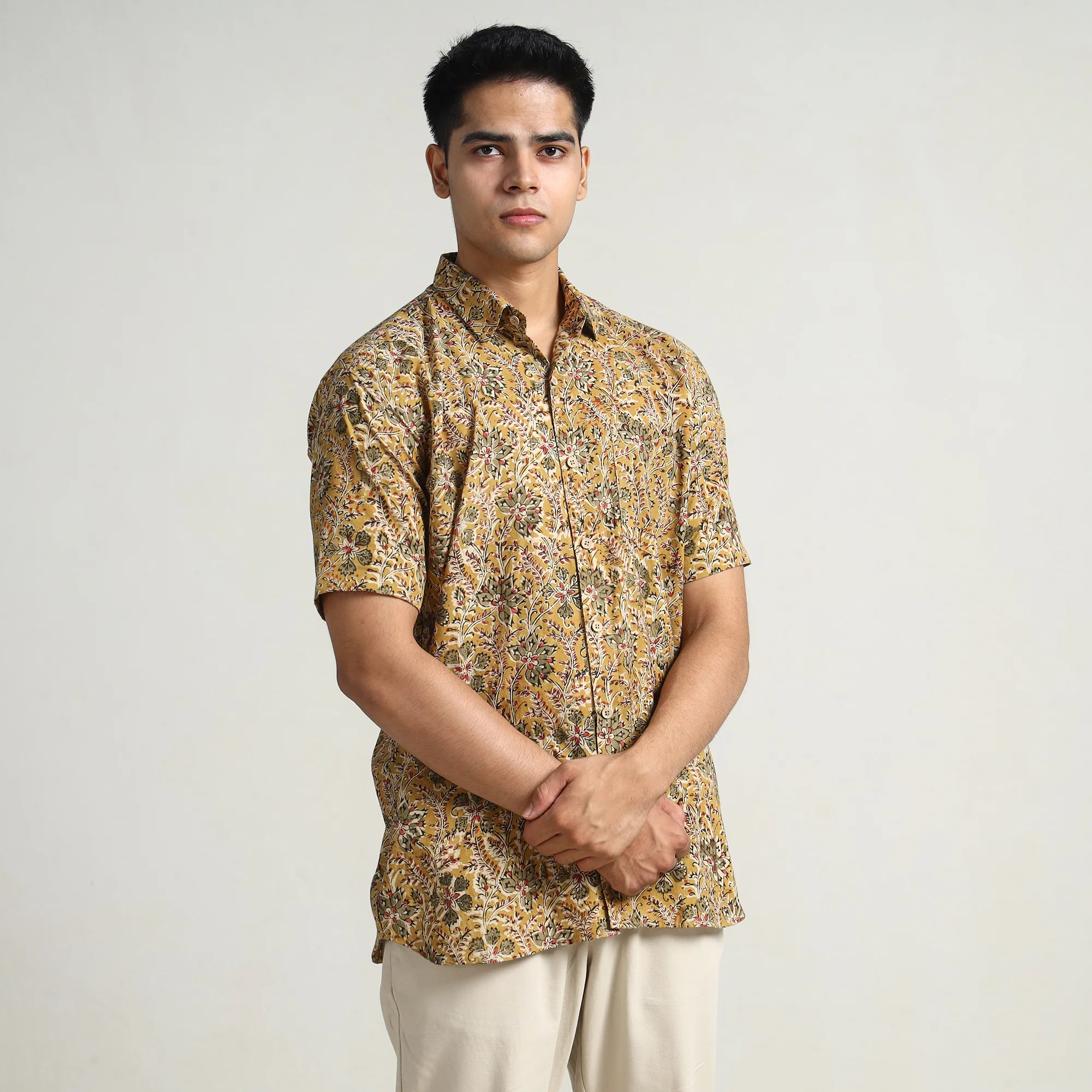 Yellow - Pedana Kalamkari Block Printed Cotton Men Half Sleeve Shirt 02 - Image 2