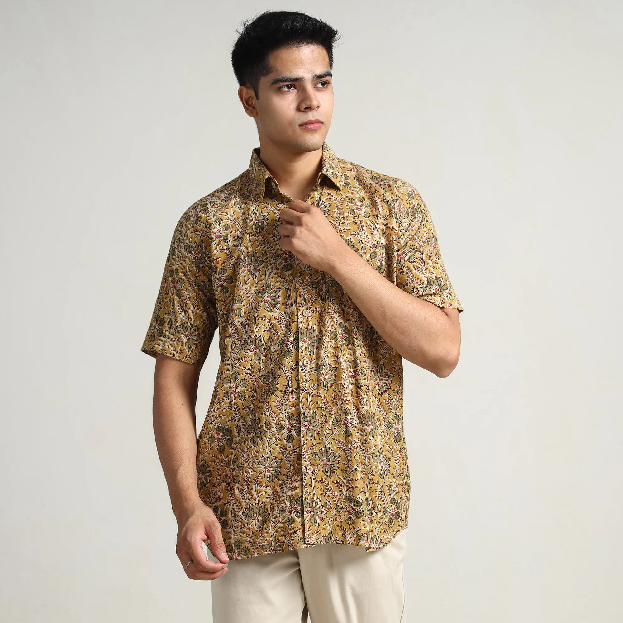 Yellow - Pedana Kalamkari Block Printed Cotton Men Half Sleeve Shirt 02 - Image 3