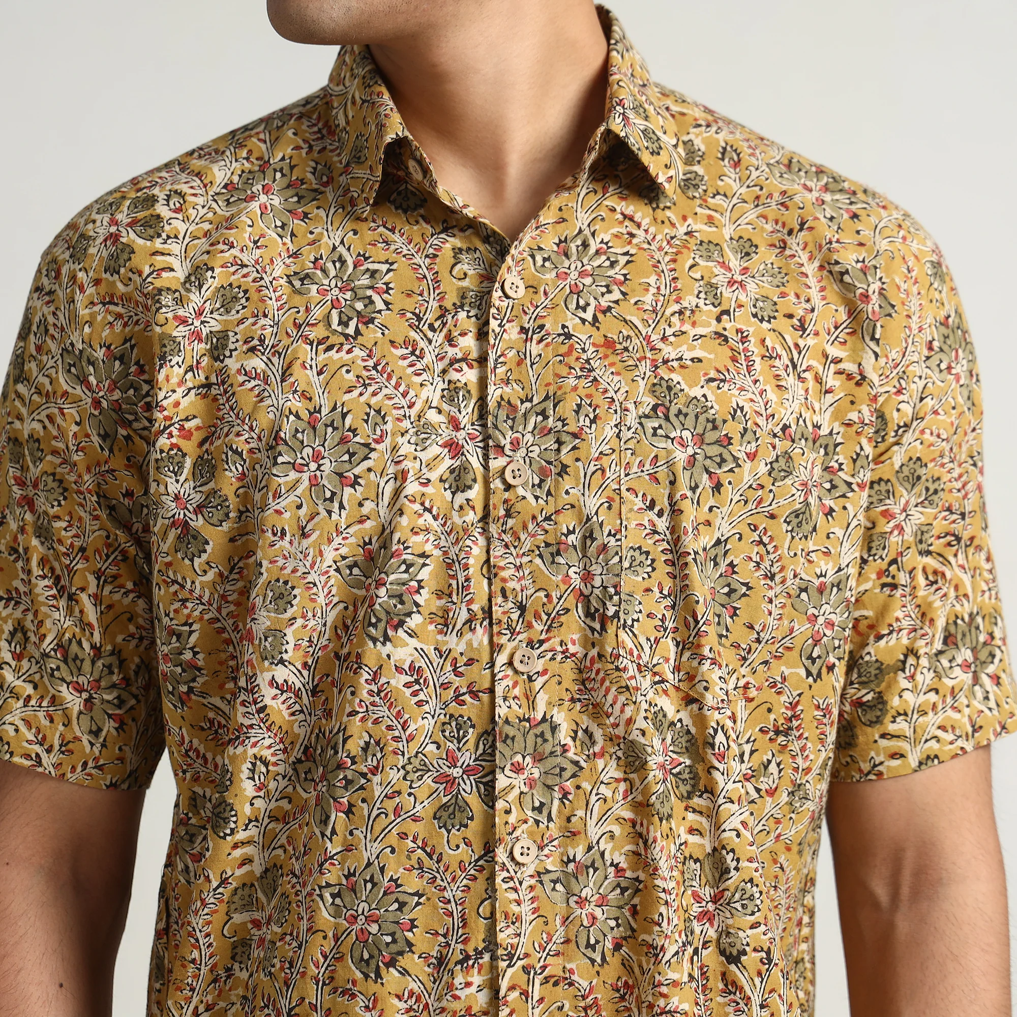 Yellow - Pedana Kalamkari Block Printed Cotton Men Half Sleeve Shirt 02 - Image 4