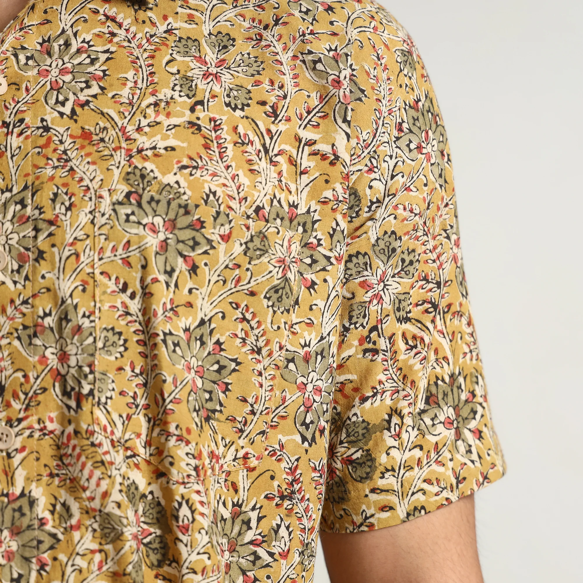 Yellow - Pedana Kalamkari Block Printed Cotton Men Half Sleeve Shirt 02 - Image 5