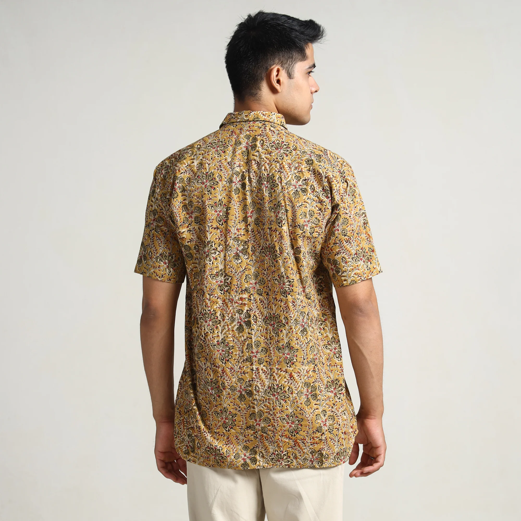 Yellow - Pedana Kalamkari Block Printed Cotton Men Half Sleeve Shirt 02 - Image 6
