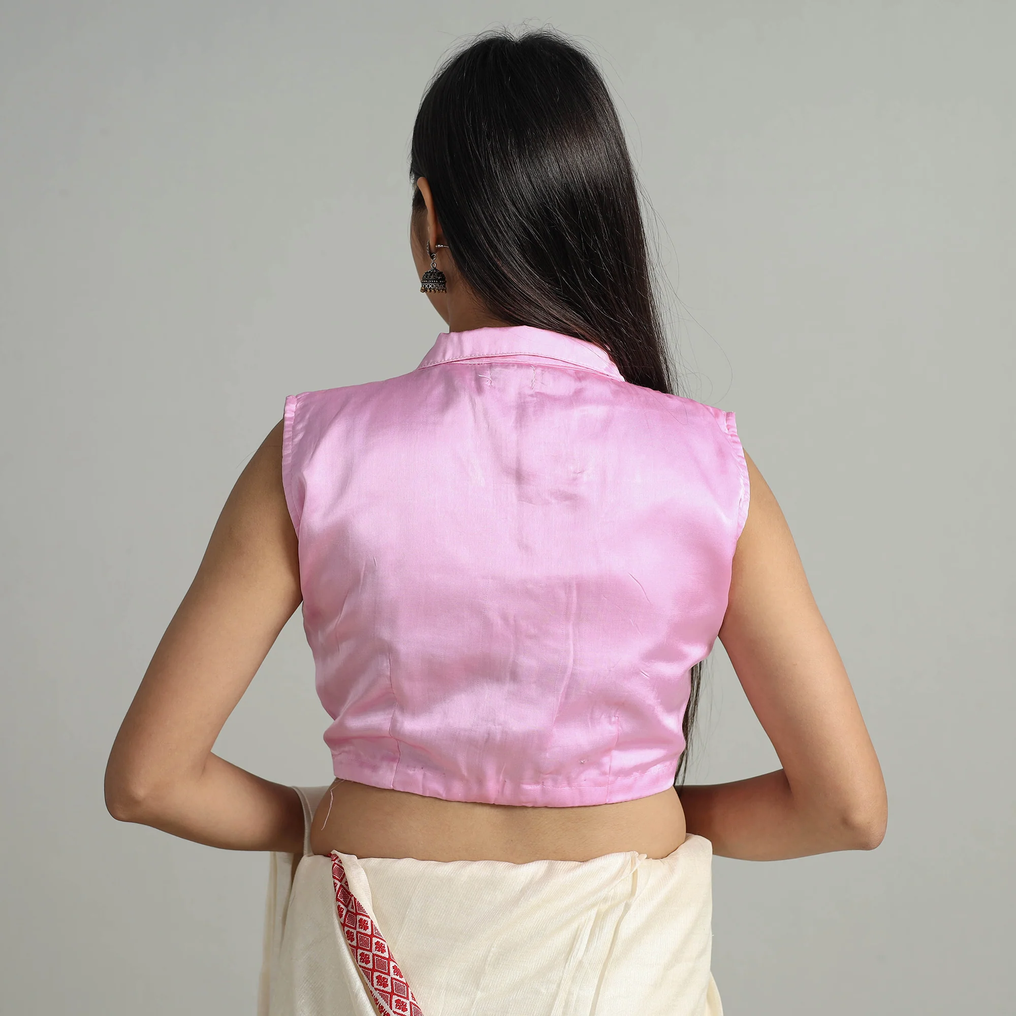Pink - Modal Silk Plain Stitched Blouse 08 - Image 5