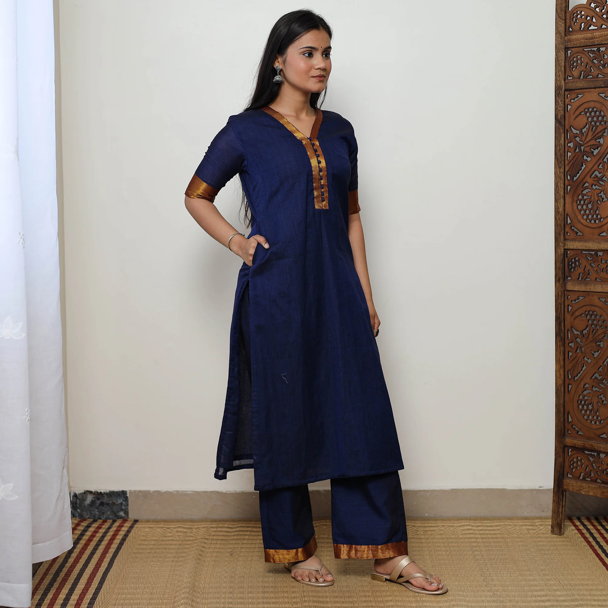 Blue - Dharwad Cotton Kurta with Palazzo & Dupatta Set 10 - Image 4