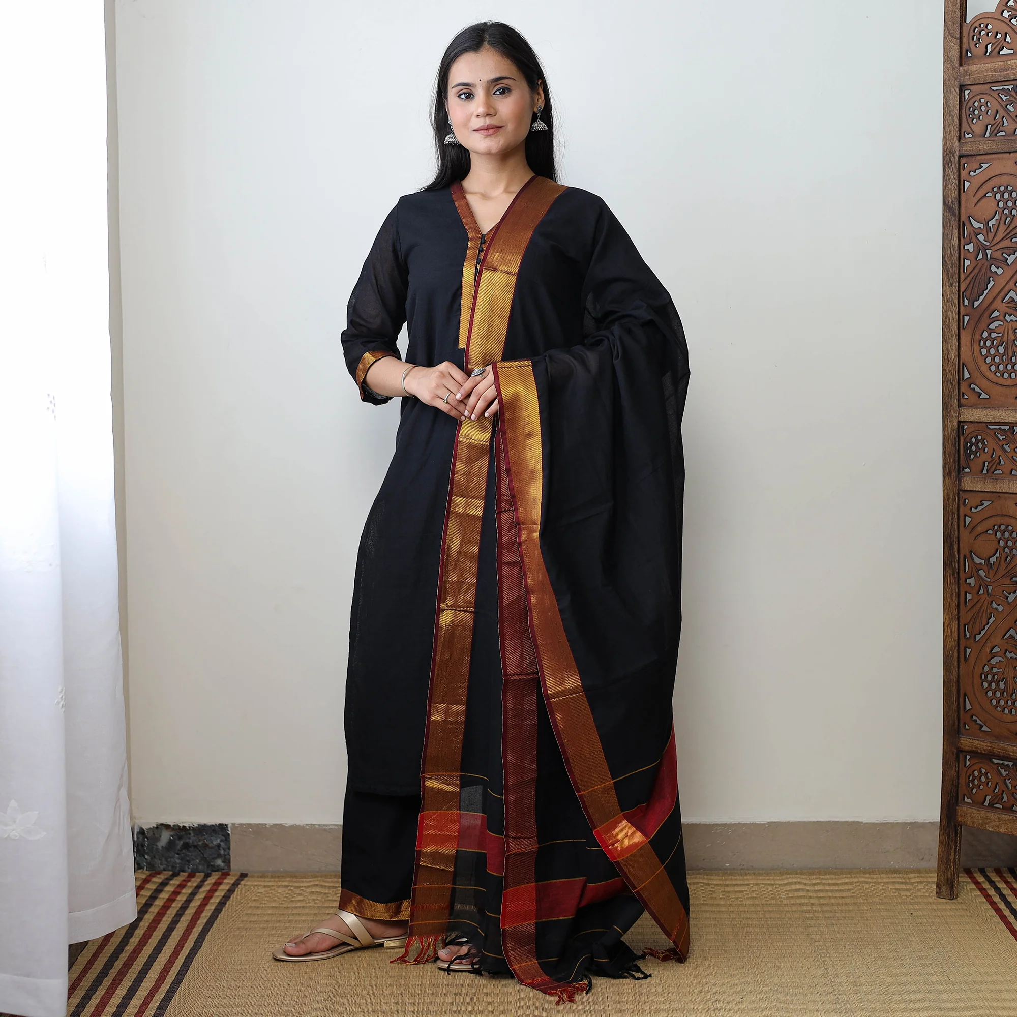 Black - Dharwad Cotton Kurta with Palazzo & Dupatta Set 20 - Image 2