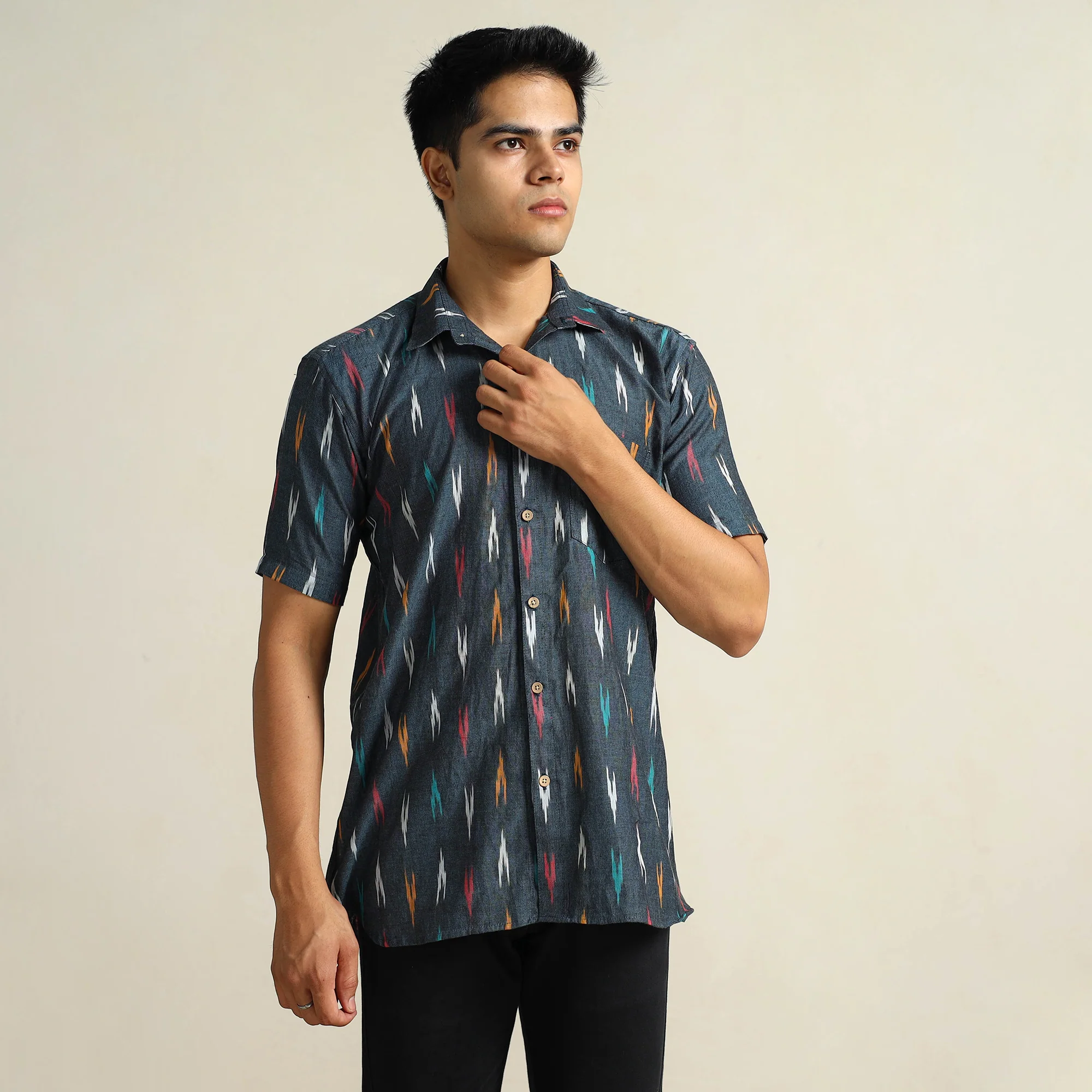 Black - Pochampally Ikat Weave Cotton Men Half Sleeve Shirt 13