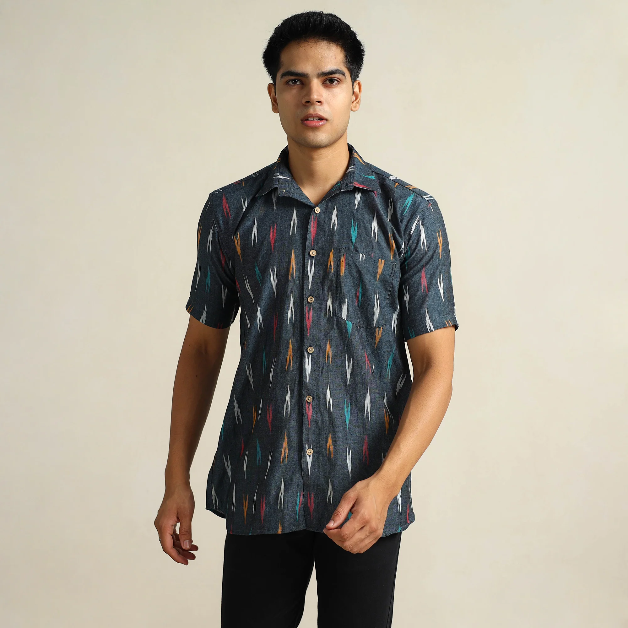 Black - Pochampally Ikat Weave Cotton Men Half Sleeve Shirt 13 - Image 3