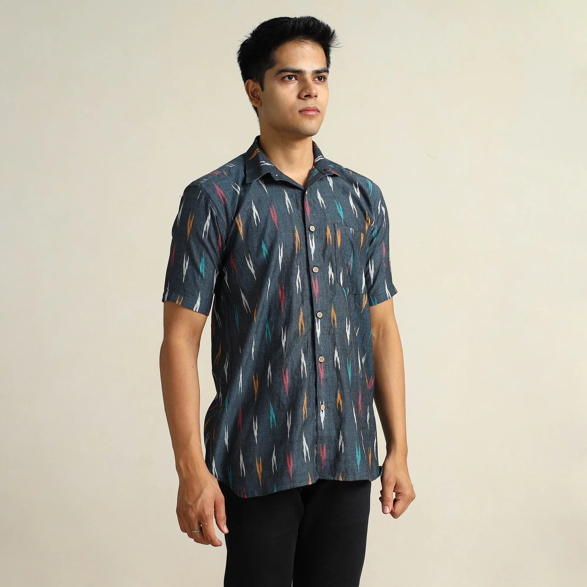 Black - Pochampally Ikat Weave Cotton Men Half Sleeve Shirt 13 - Image 4