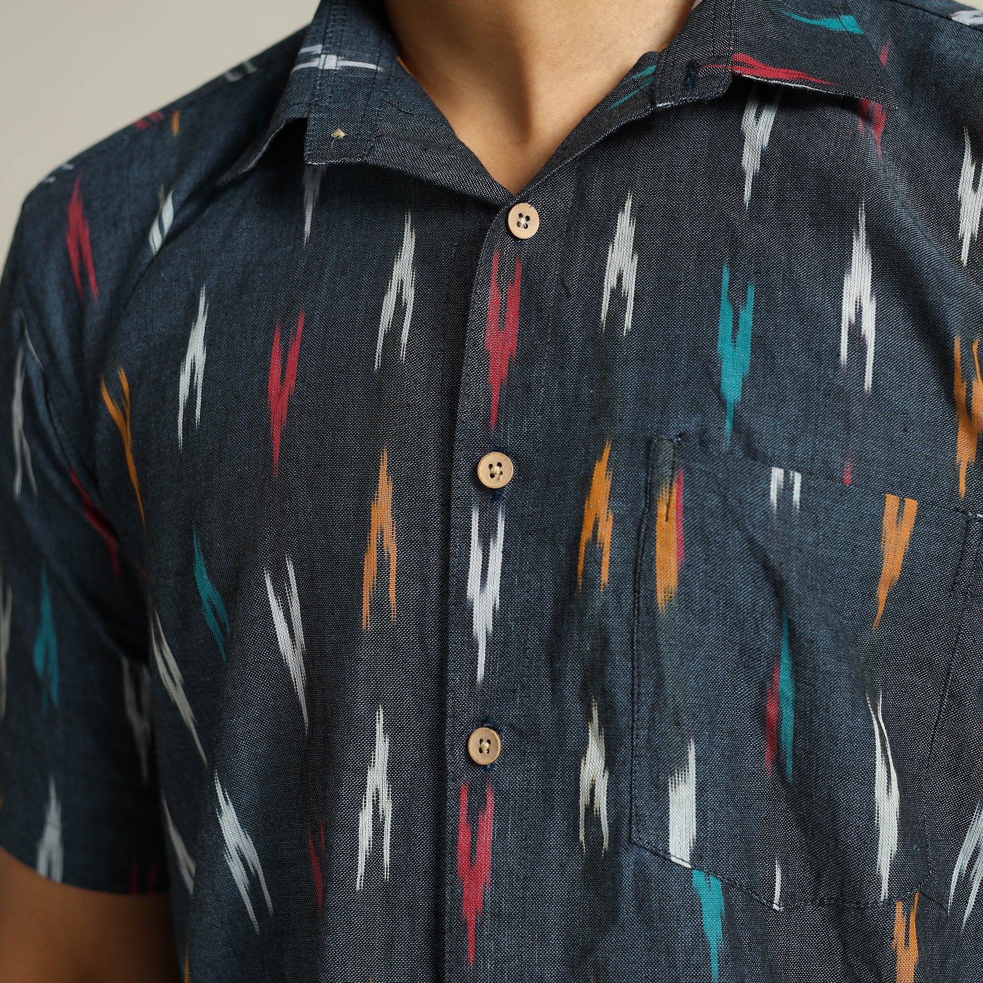 Black - Pochampally Ikat Weave Cotton Men Half Sleeve Shirt 13 - Image 5