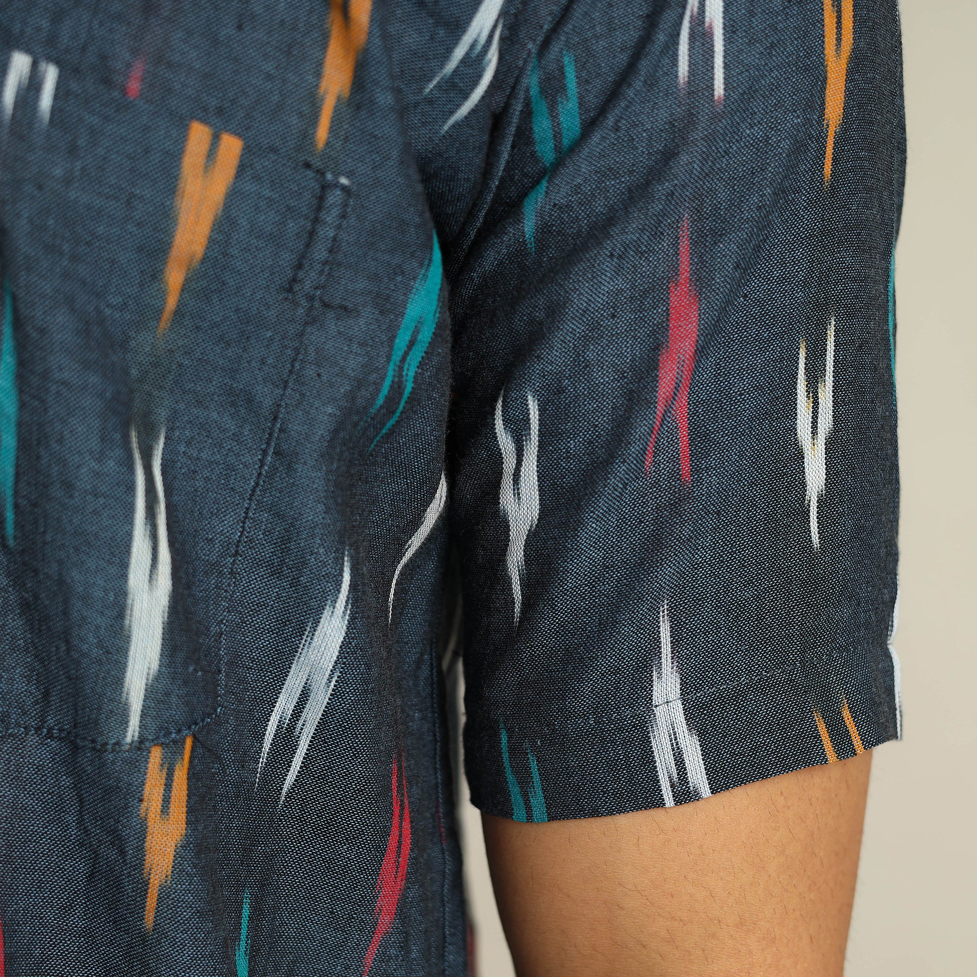 Black - Pochampally Ikat Weave Cotton Men Half Sleeve Shirt 13 - Image 7