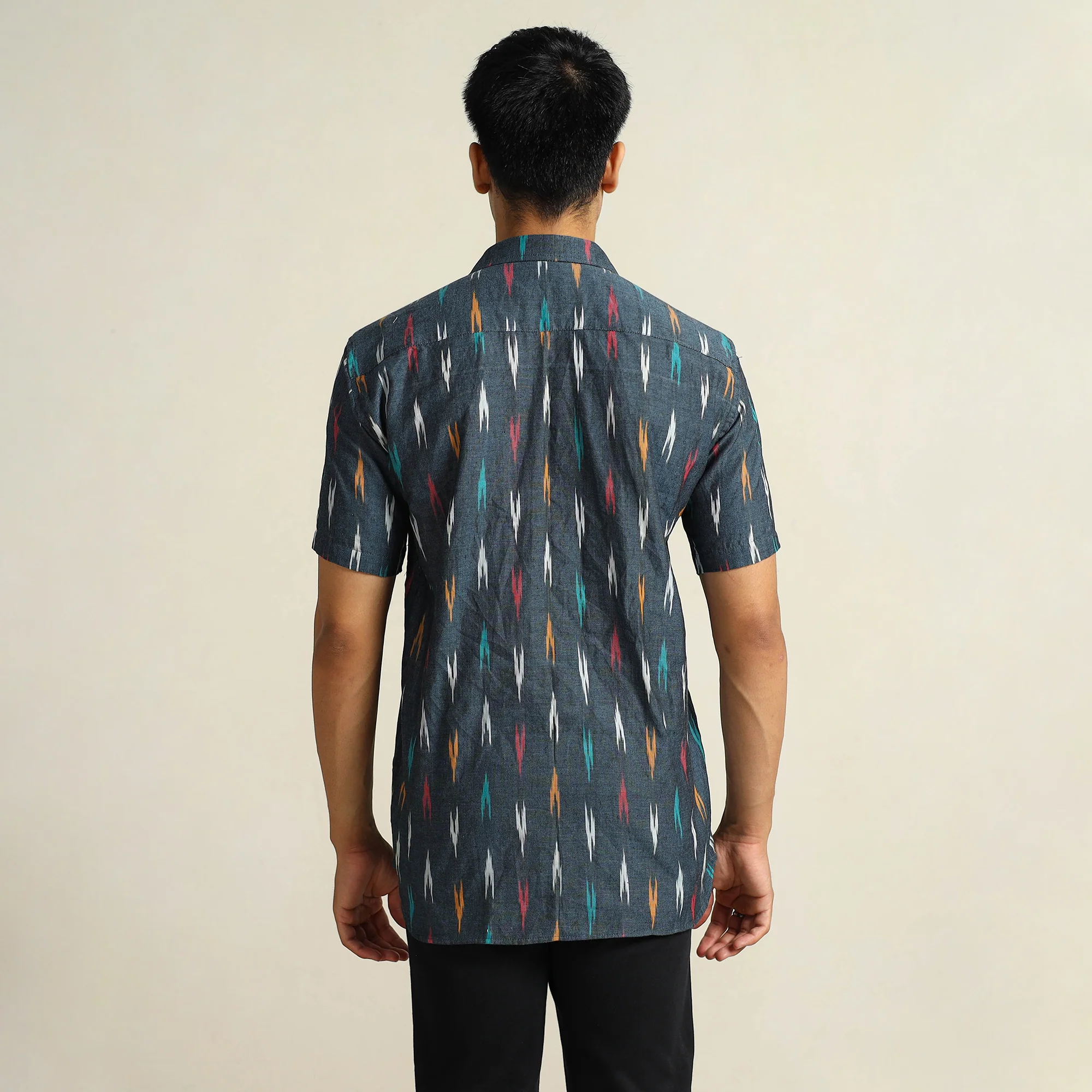 Black - Pochampally Ikat Weave Cotton Men Half Sleeve Shirt 13 - Image 8