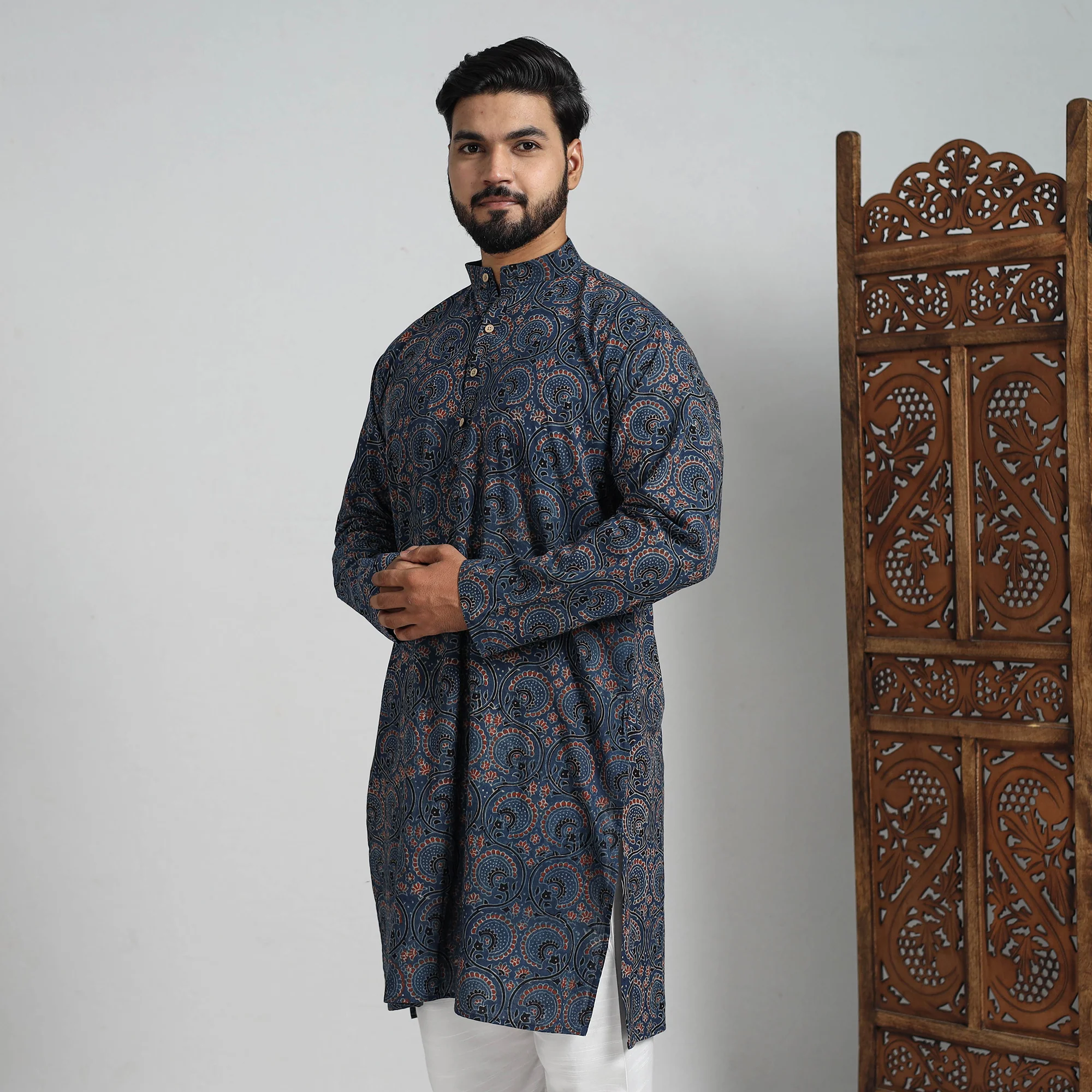 Ajrakh Block Printed Cotton Men Long Kurta 19 - Image 4