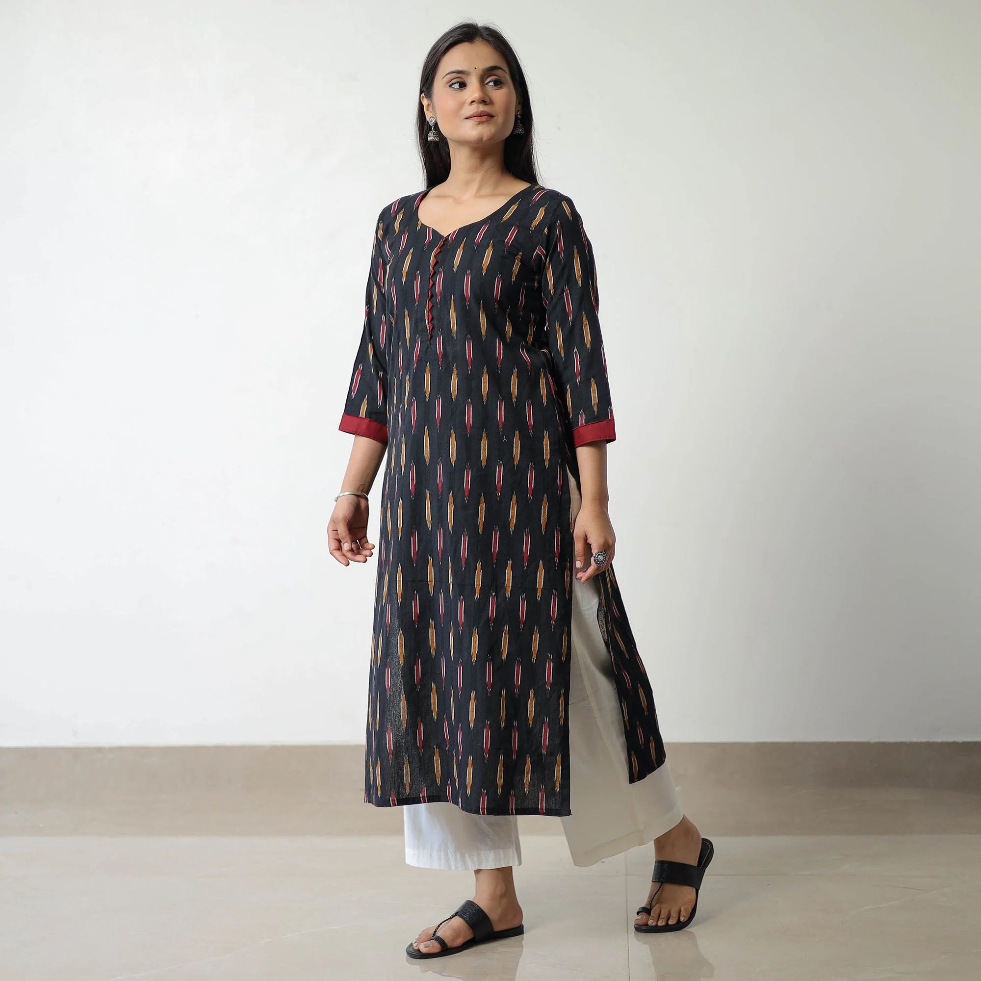 Black - Pochampally Ikat Weave Cotton Straight Kurta 07 - Image 3