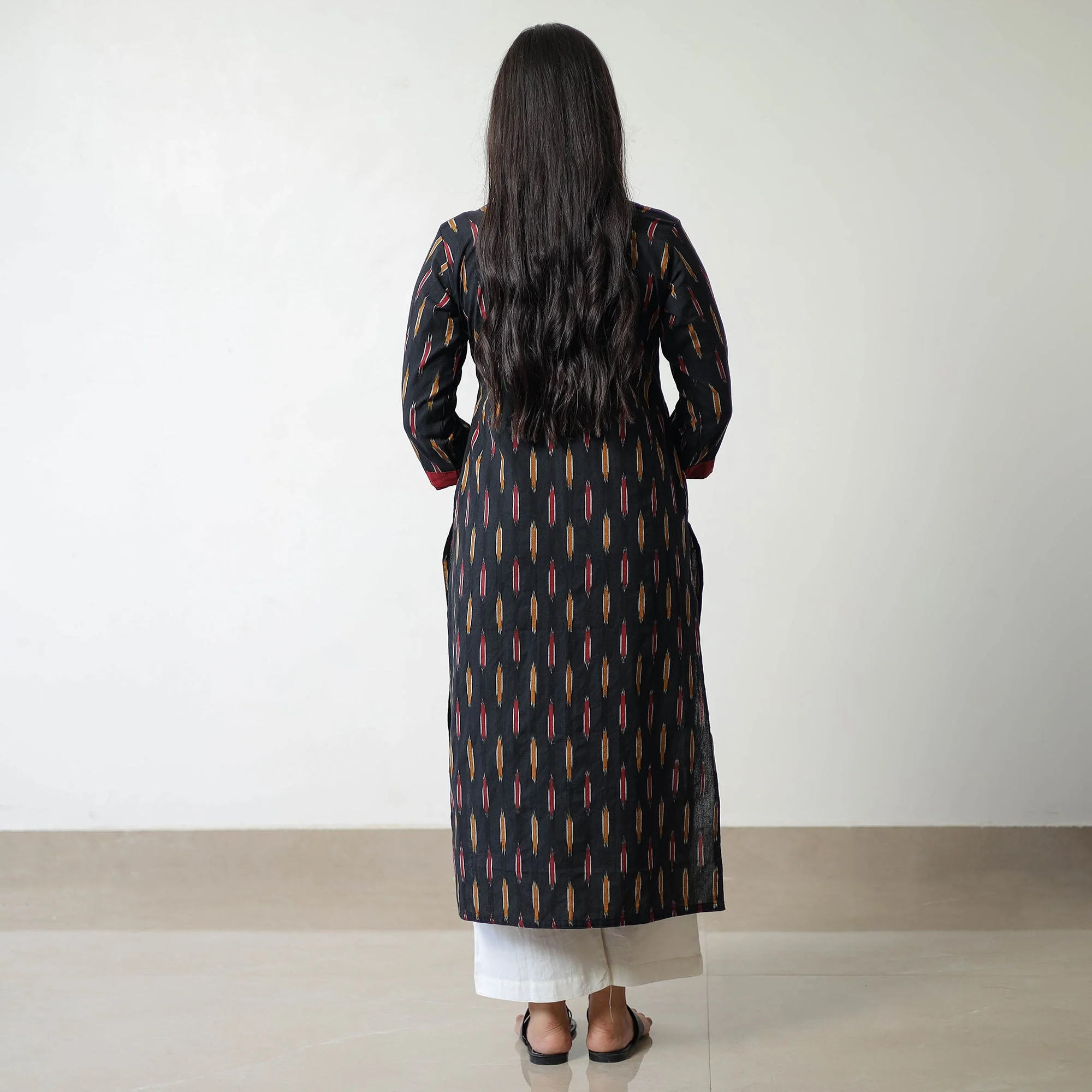 Black - Pochampally Ikat Weave Cotton Straight Kurta 07 - Image 4