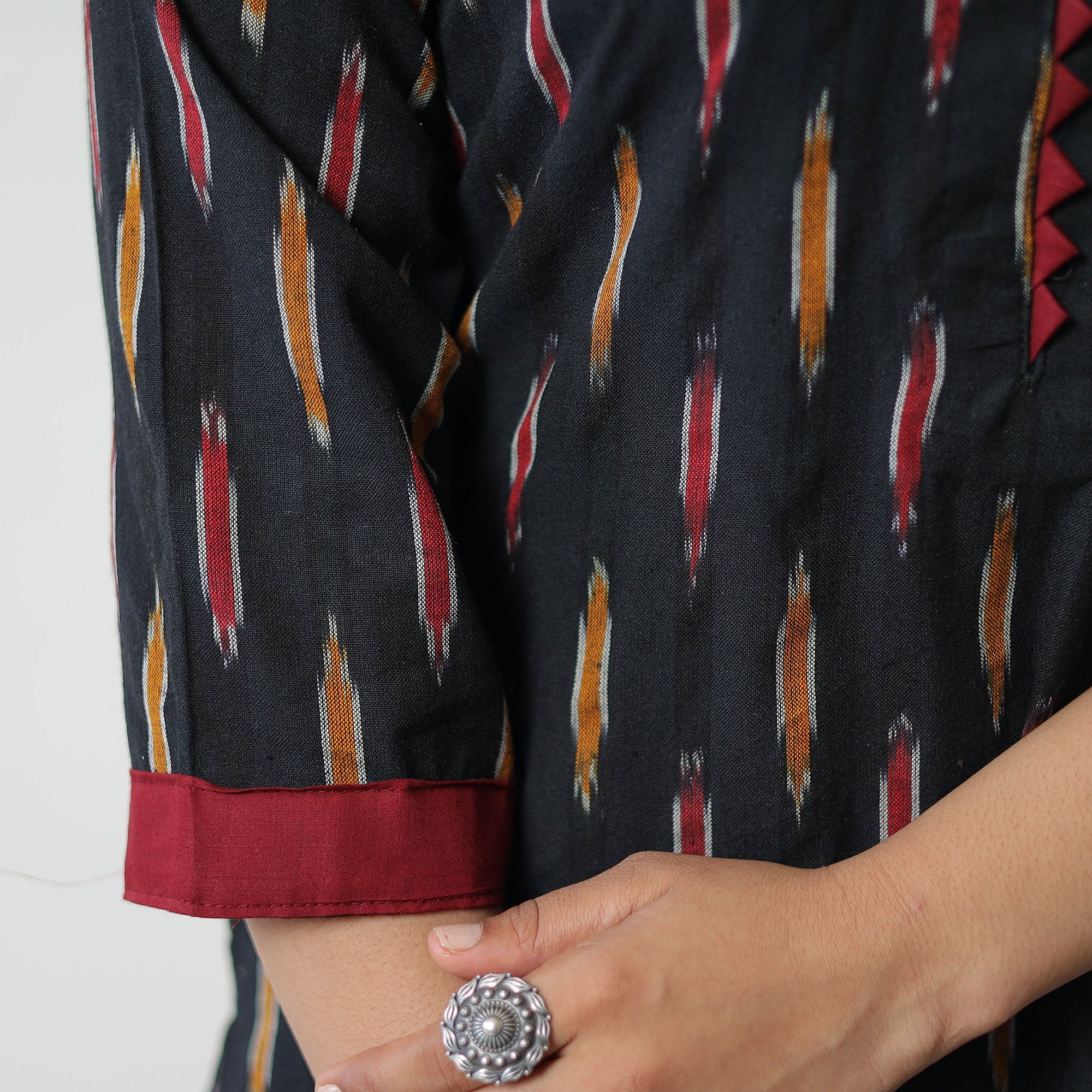 Black - Pochampally Ikat Weave Cotton Straight Kurta 07 - Image 6