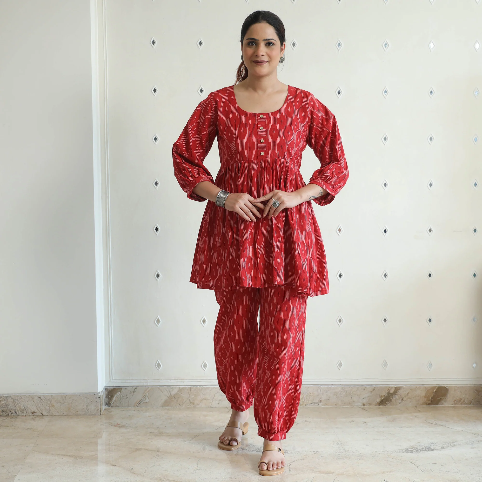 Red - Pochampally Ikat Cotton Co-Ord Set 06 - Image 3