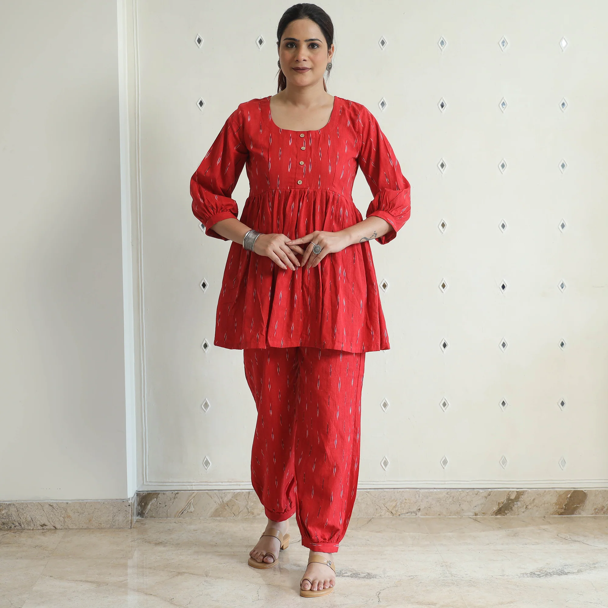 Red - Pochampally Ikat Cotton Co-Ord Set 07 - Image 3