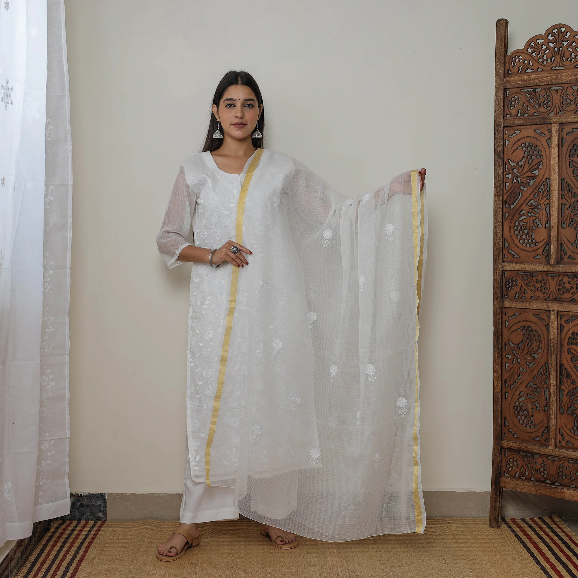 White - Kota Doria Cotton Embroidery Kurta Suit Set 01