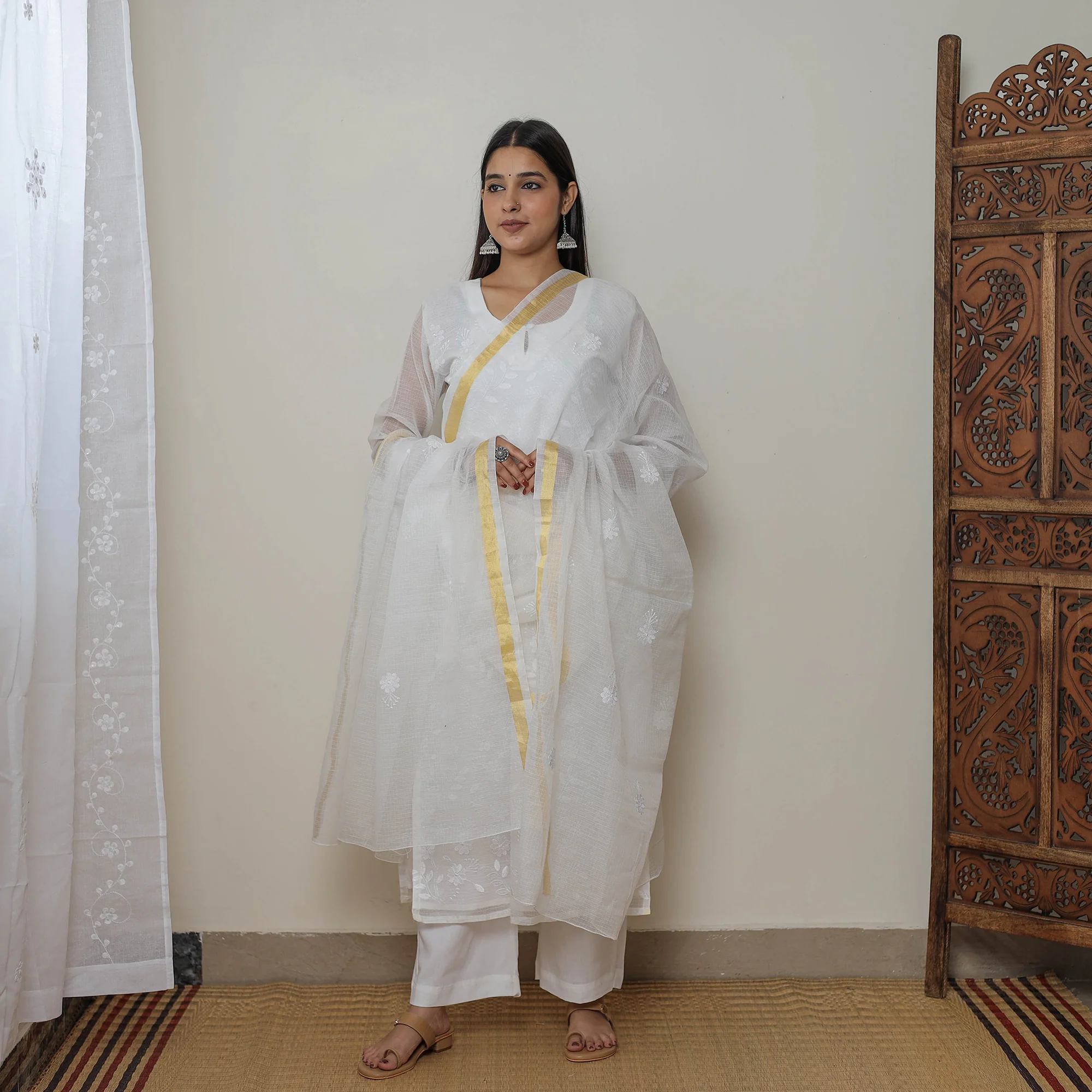 White - Kota Doria Cotton Embroidery Kurta Suit Set 01 - Image 3