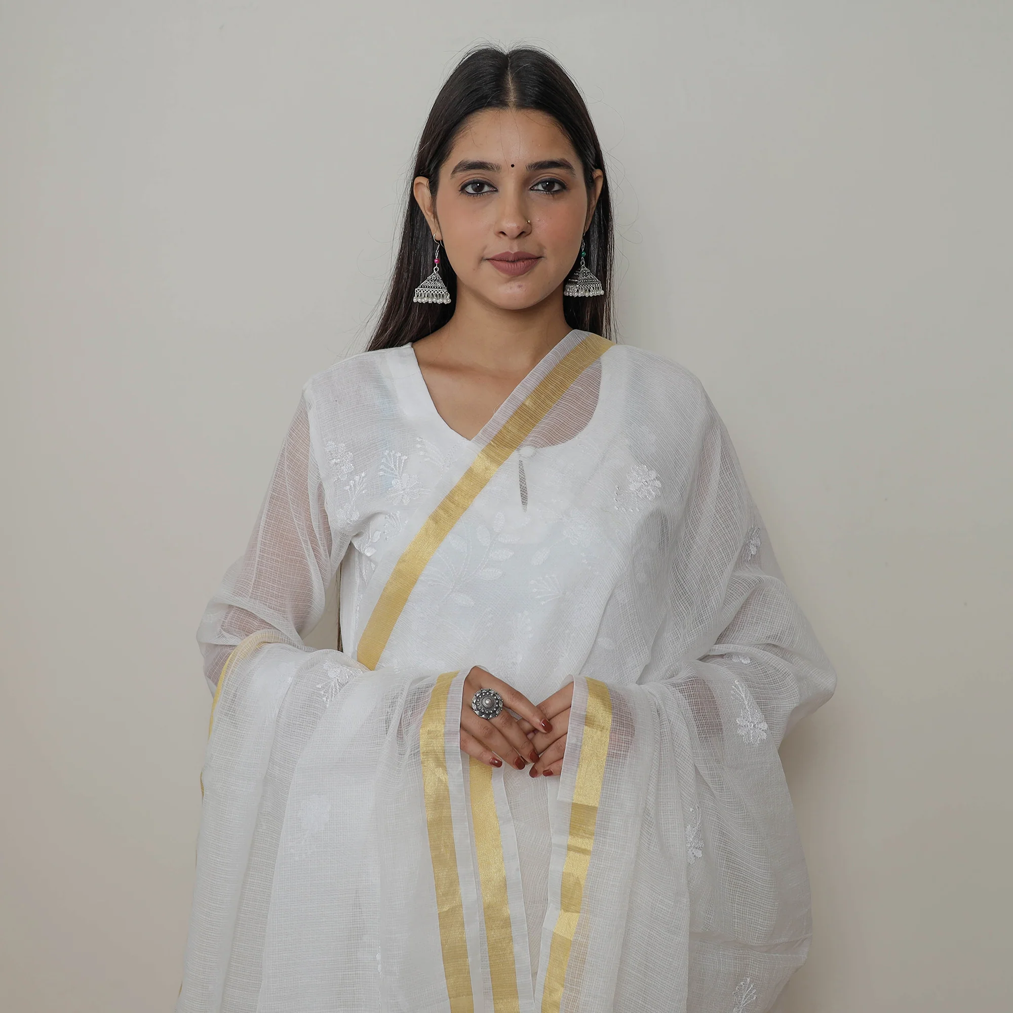 White - Kota Doria Cotton Embroidery Kurta Suit Set 01 - Image 4