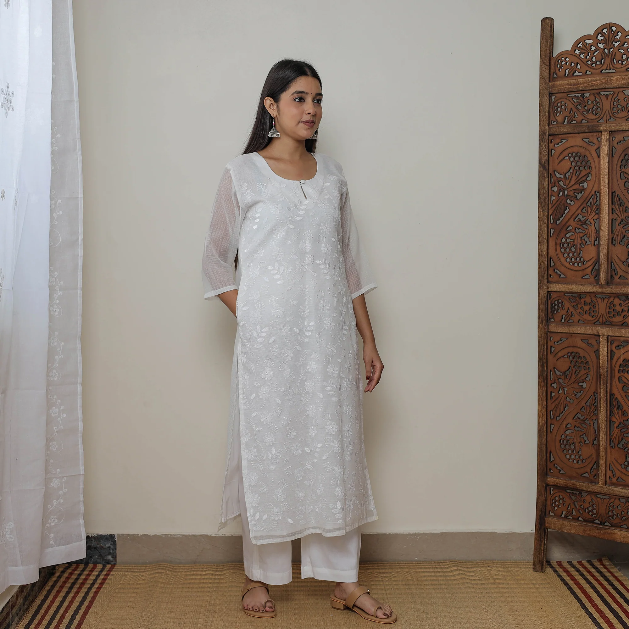 White - Kota Doria Cotton Embroidery Kurta Suit Set 01 - Image 5