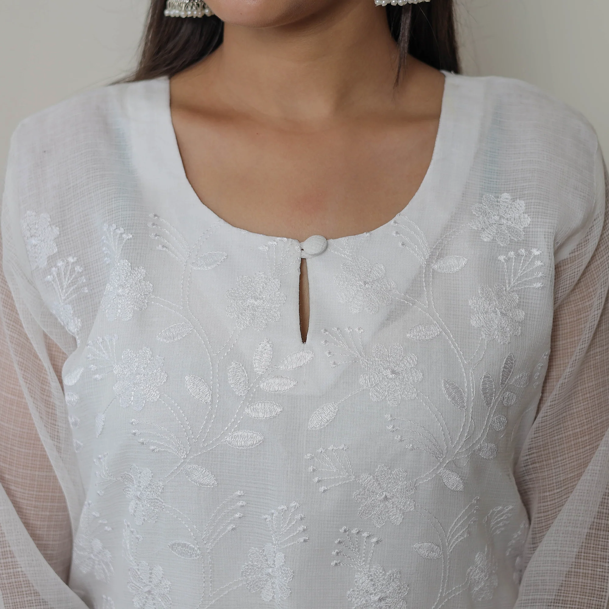 White - Kota Doria Cotton Embroidery Kurta Suit Set 01 - Image 6