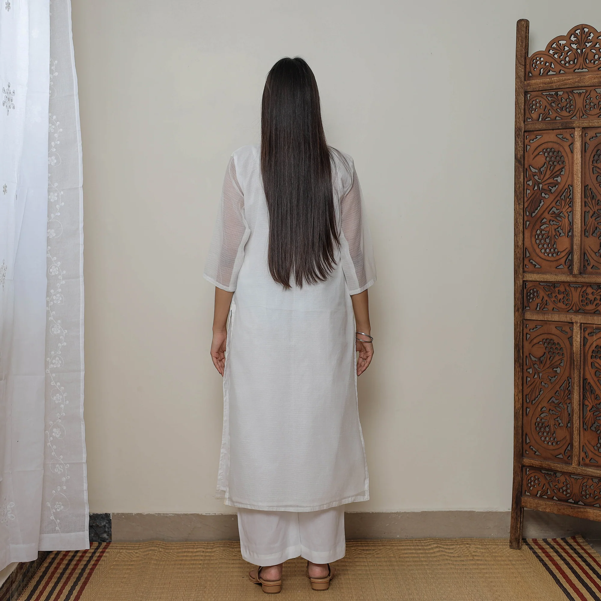 White - Kota Doria Cotton Embroidery Kurta Suit Set 01 - Image 8