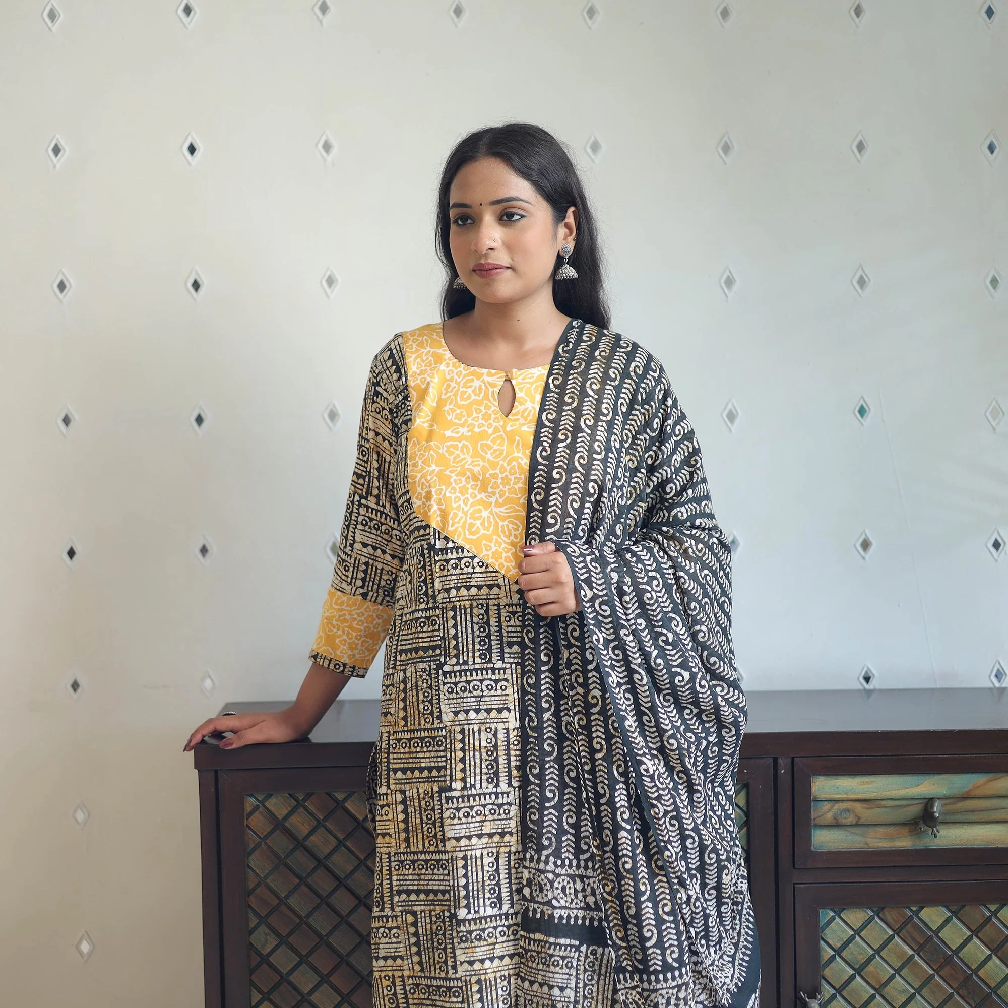 Black - Hand Block Batik Print Cotton Suit Set with Dupatta for women 12