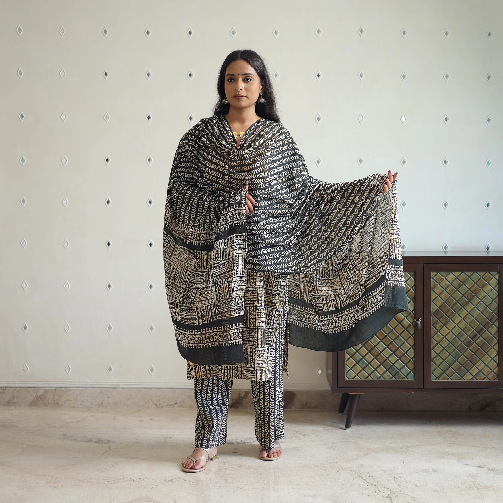 Black - Hand Block Batik Print Cotton Suit Set with Dupatta for women 12 - Image 2