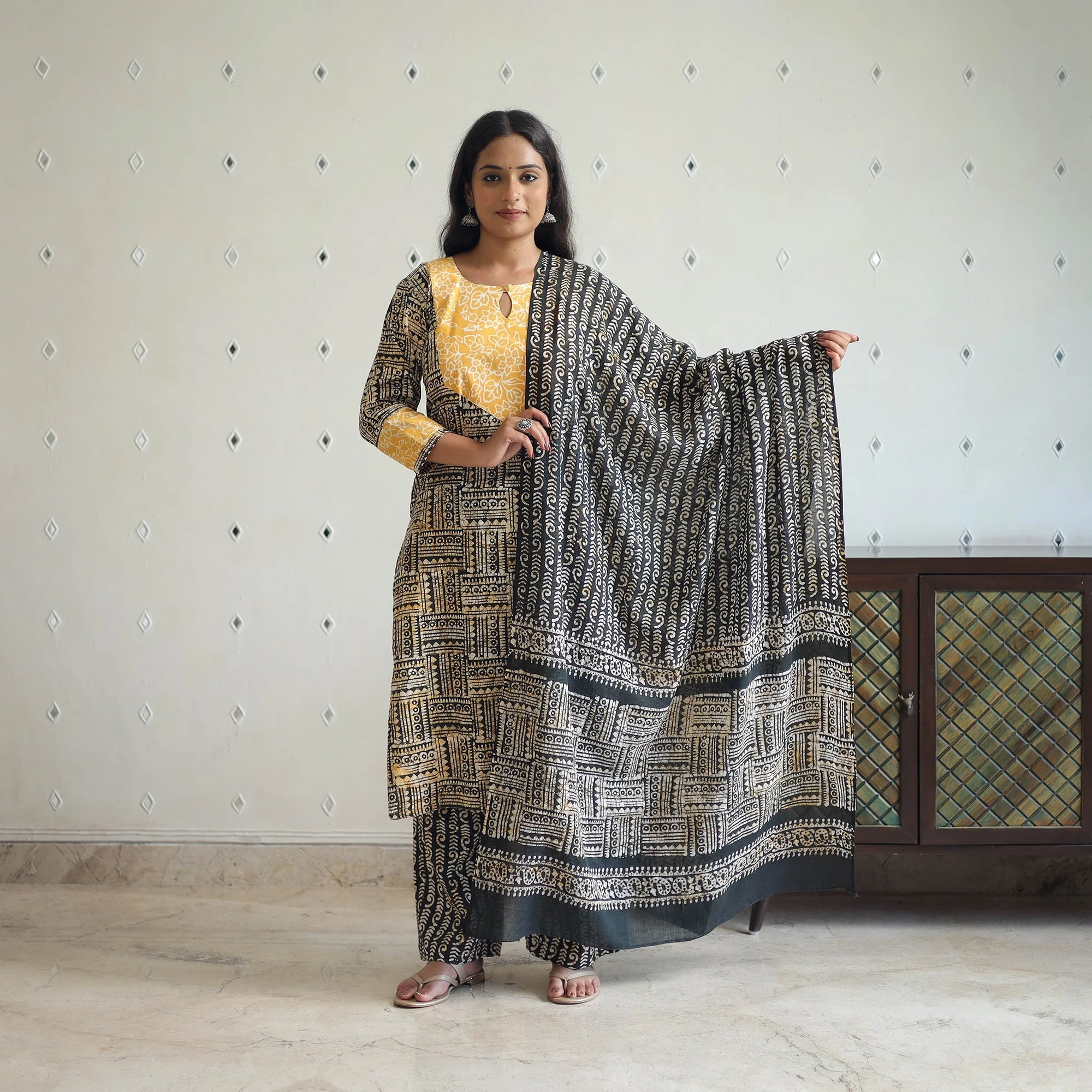 Black - Hand Block Batik Print Cotton Suit Set with Dupatta for women 12 - Image 3