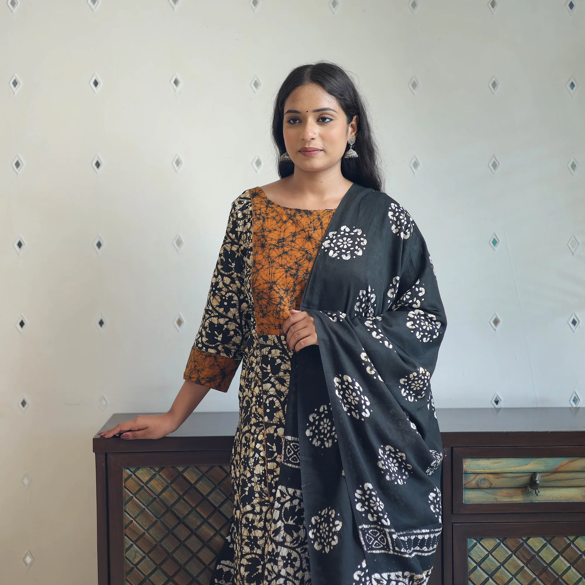 Black - Batik Print Cotton Kurta with Palazzo & Dupatta Suit Set 02