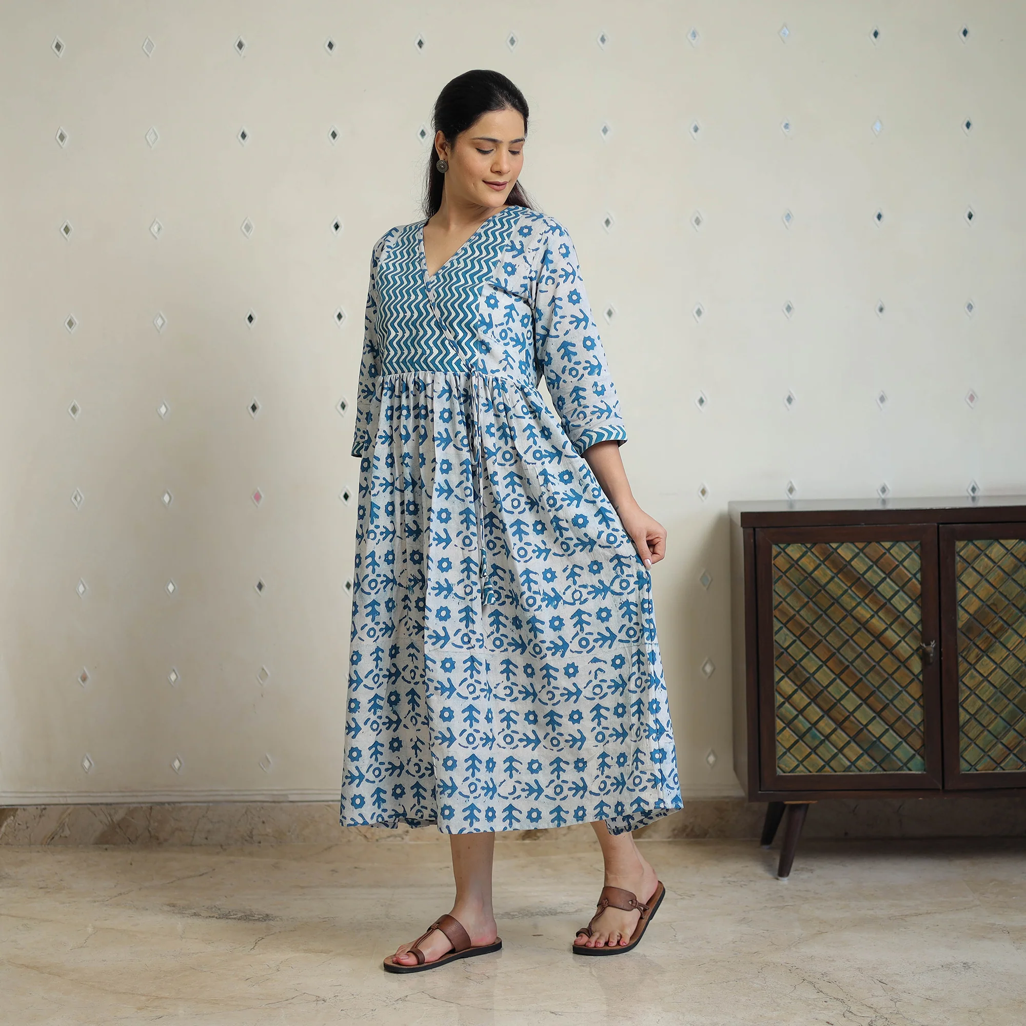 Blue - Pure Cotton Angrakha Batik Print Dress 01 - Image 3