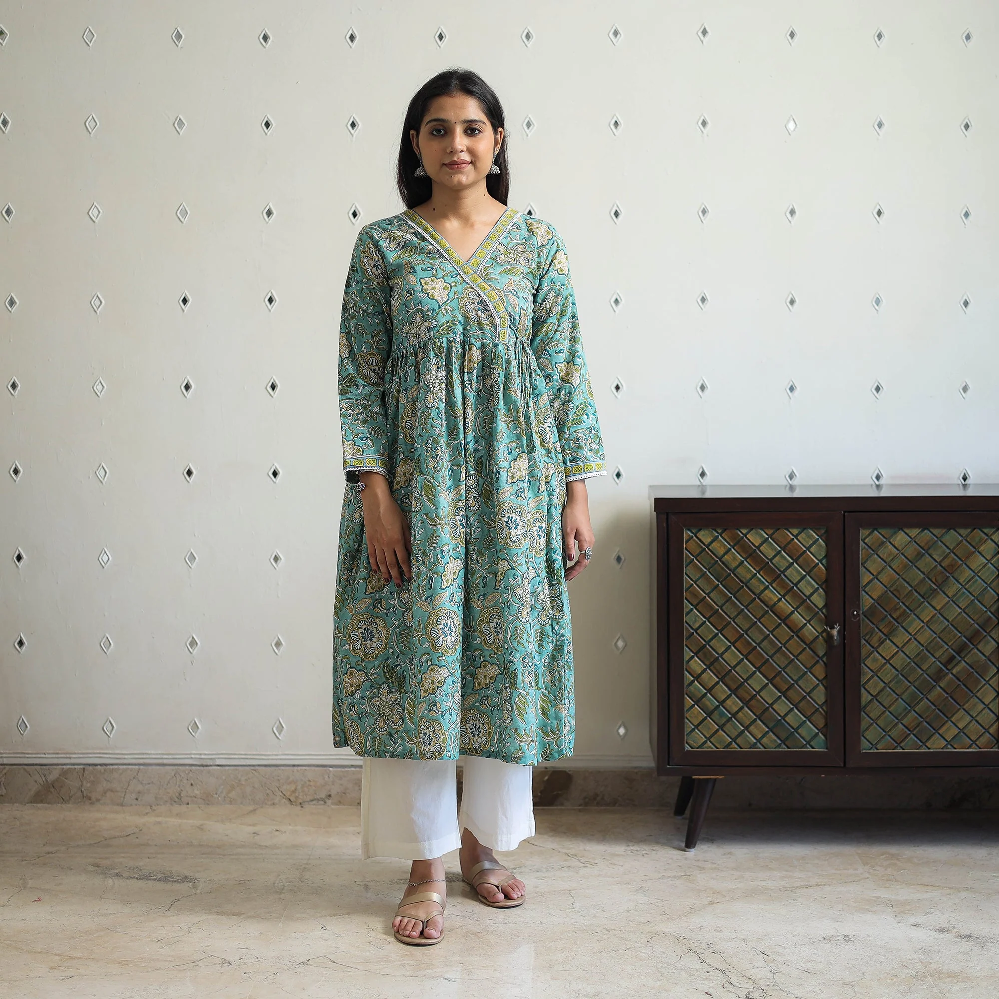 Green - Block Print Cotton A-Line Sanganeri Kurta 04 - Image 2