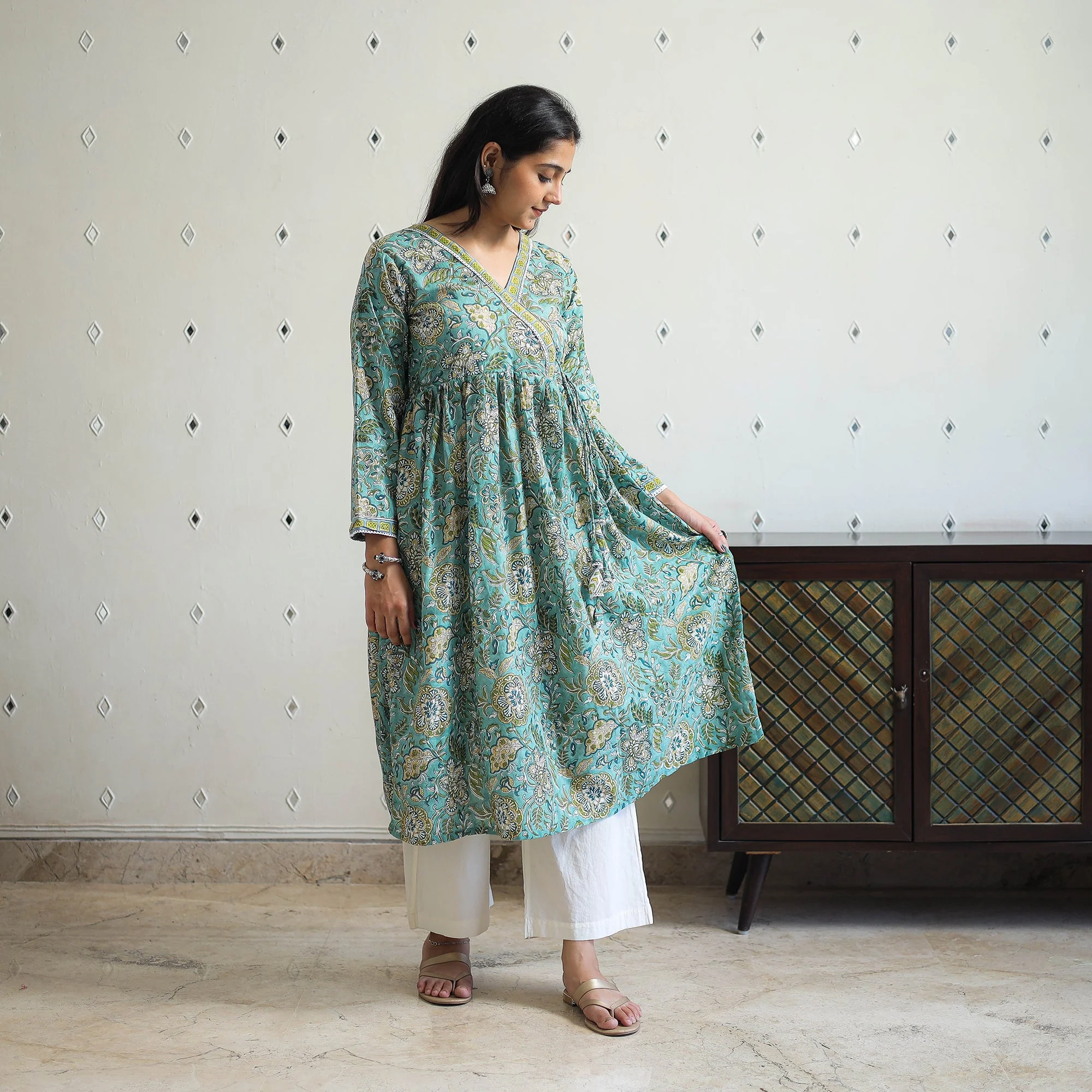 Green - Block Print Cotton A-Line Sanganeri Kurta 04 - Image 3