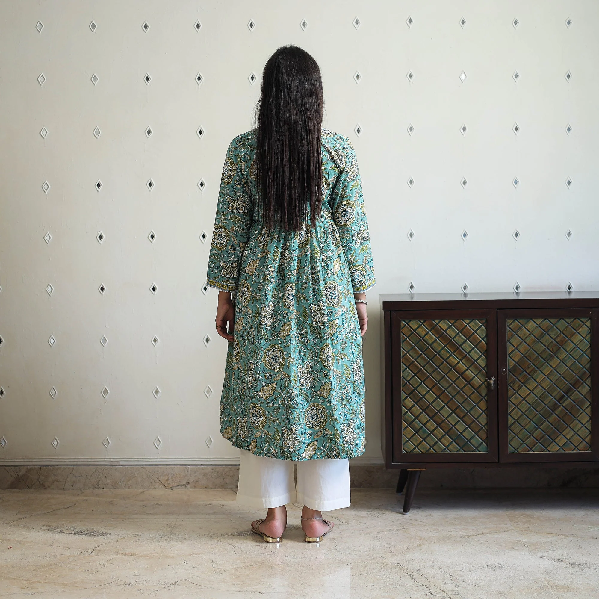 Green - Block Print Cotton A-Line Sanganeri Kurta 04 - Image 4