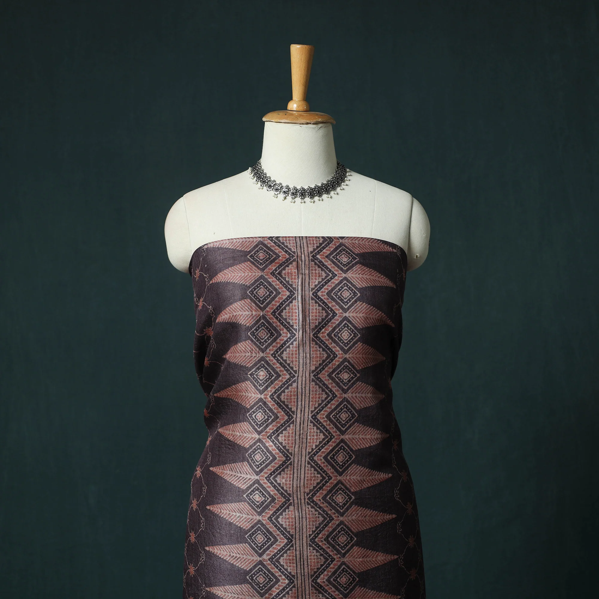Brown - 2pc Ajrakh Hand Block Print Handloom Tussar Silk Natural Dyed Unstitched Dress Material Kurta Set 01 - Image 2