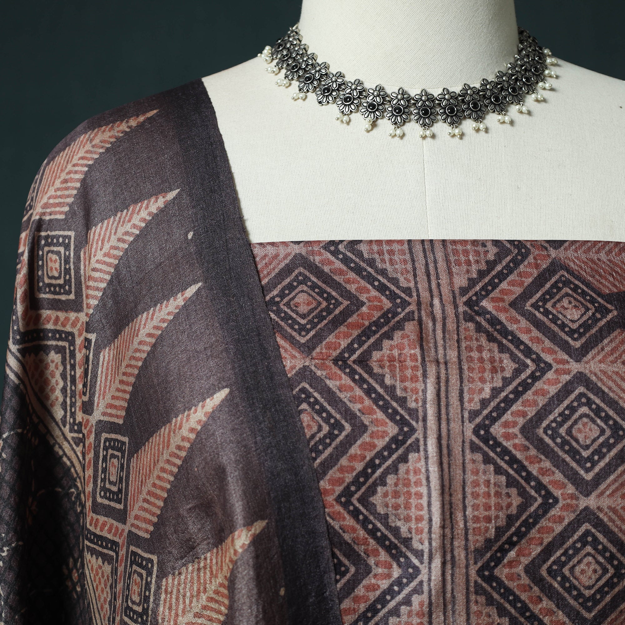 Brown - 2pc Ajrakh Hand Block Print Handloom Tussar Silk Natural Dyed Unstitched Dress Material Kurta Set 01 - Image 3