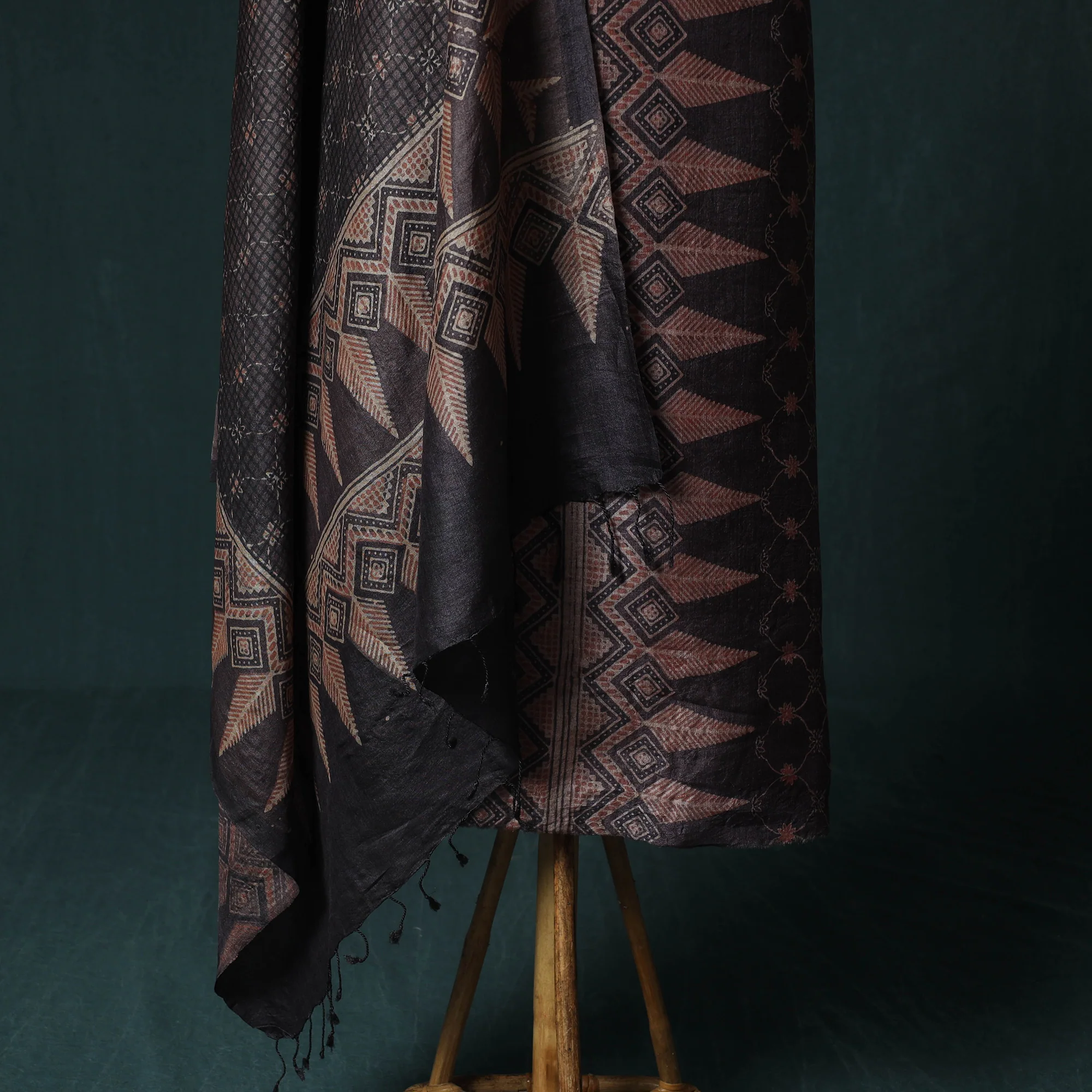 Brown - 2pc Ajrakh Hand Block Print Handloom Tussar Silk Natural Dyed Unstitched Dress Material Kurta Set 01 - Image 4