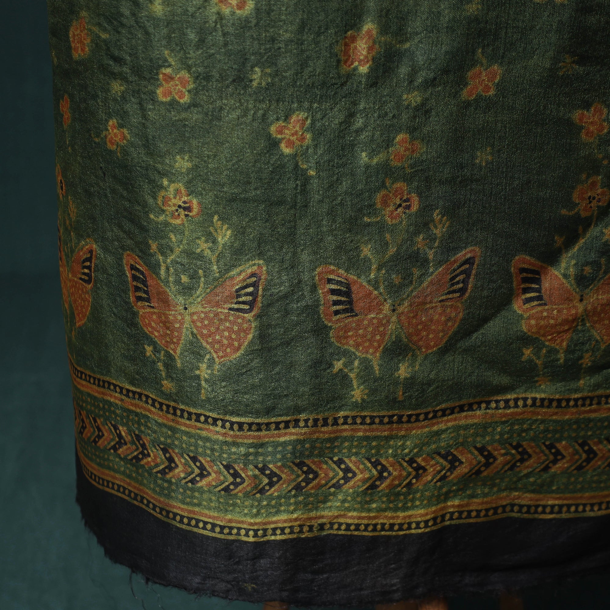Green - 2pc Ajrakh Hand Block Print Handloom Tussar Silk Natural Dyed Unstitched Dress Material Kurta Set 02 - Image 4