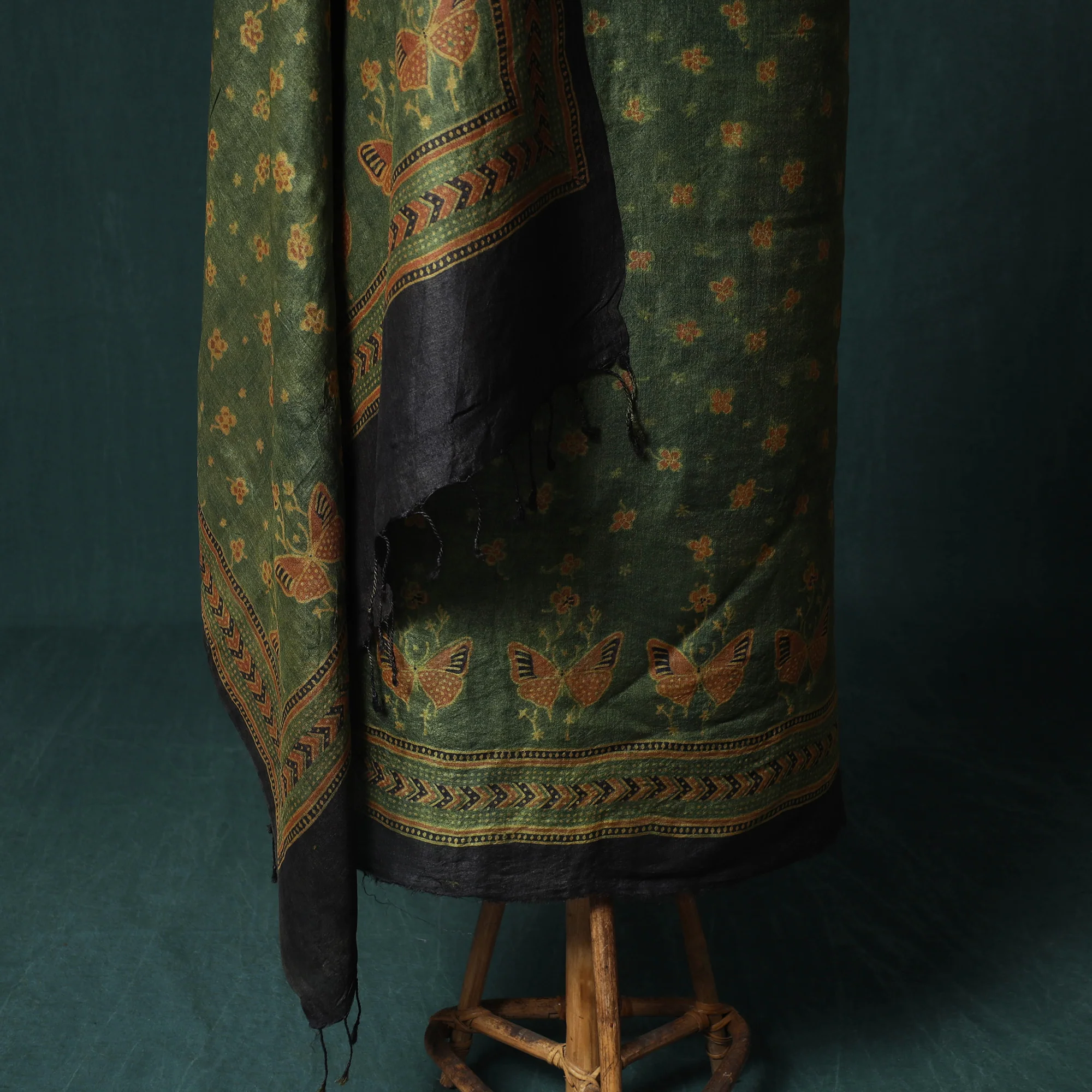 Green - 2pc Ajrakh Hand Block Print Handloom Tussar Silk Natural Dyed Unstitched Dress Material Kurta Set 02 - Image 5