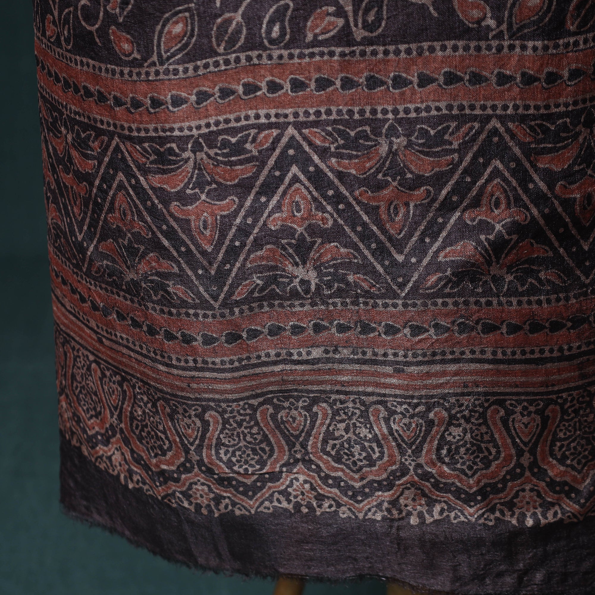 Brown - 2pc Ajrakh Hand Block Print Handloom Tussar Silk Natural Dyed Unstitched Dress Material Kurta Set 03 - Image 5