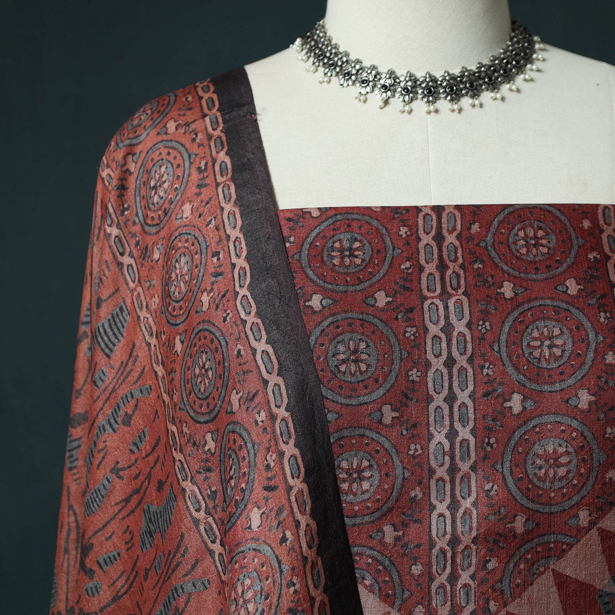 Red - 2pc Ajrakh Hand Block Print Handloom Tussar Silk Natural Dyed Unstitched Dress Material Kurta Set 04 - Image 3