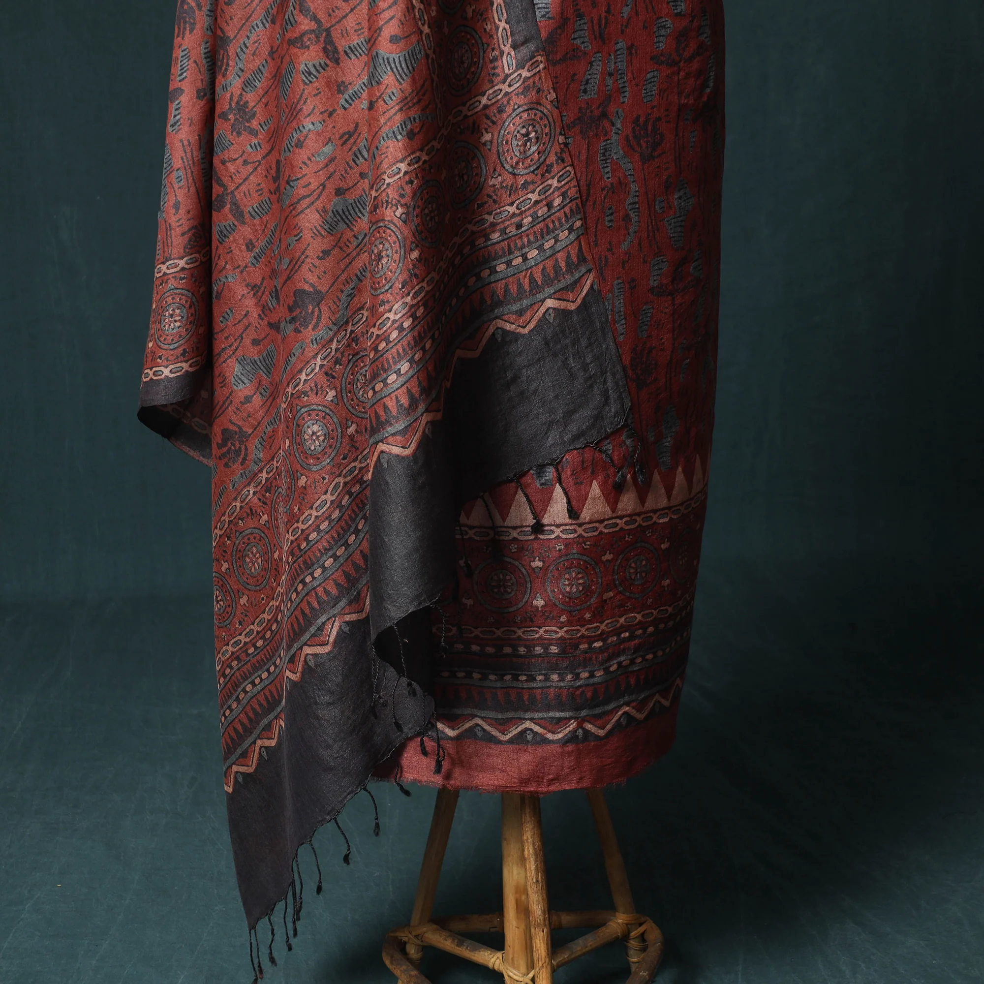 Red - 2pc Ajrakh Hand Block Print Handloom Tussar Silk Natural Dyed Unstitched Dress Material Kurta Set 04 - Image 4