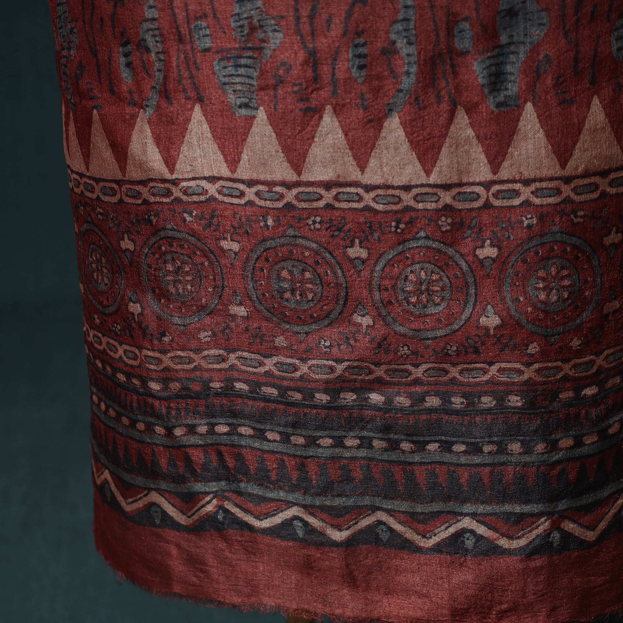 Red - 2pc Ajrakh Hand Block Print Handloom Tussar Silk Natural Dyed Unstitched Dress Material Kurta Set 04 - Image 5