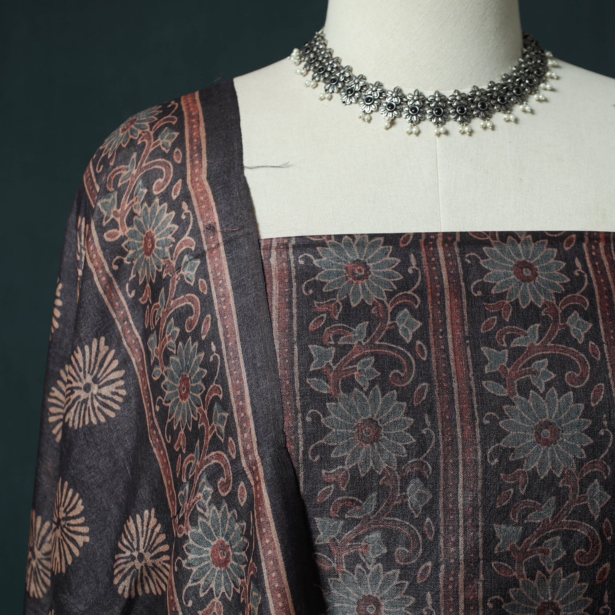 Black - 2pc Ajrakh Hand Block Print Handloom Tussar Silk Natural Dyed Unstitched Dress Material Kurta Set 05 - Image 3