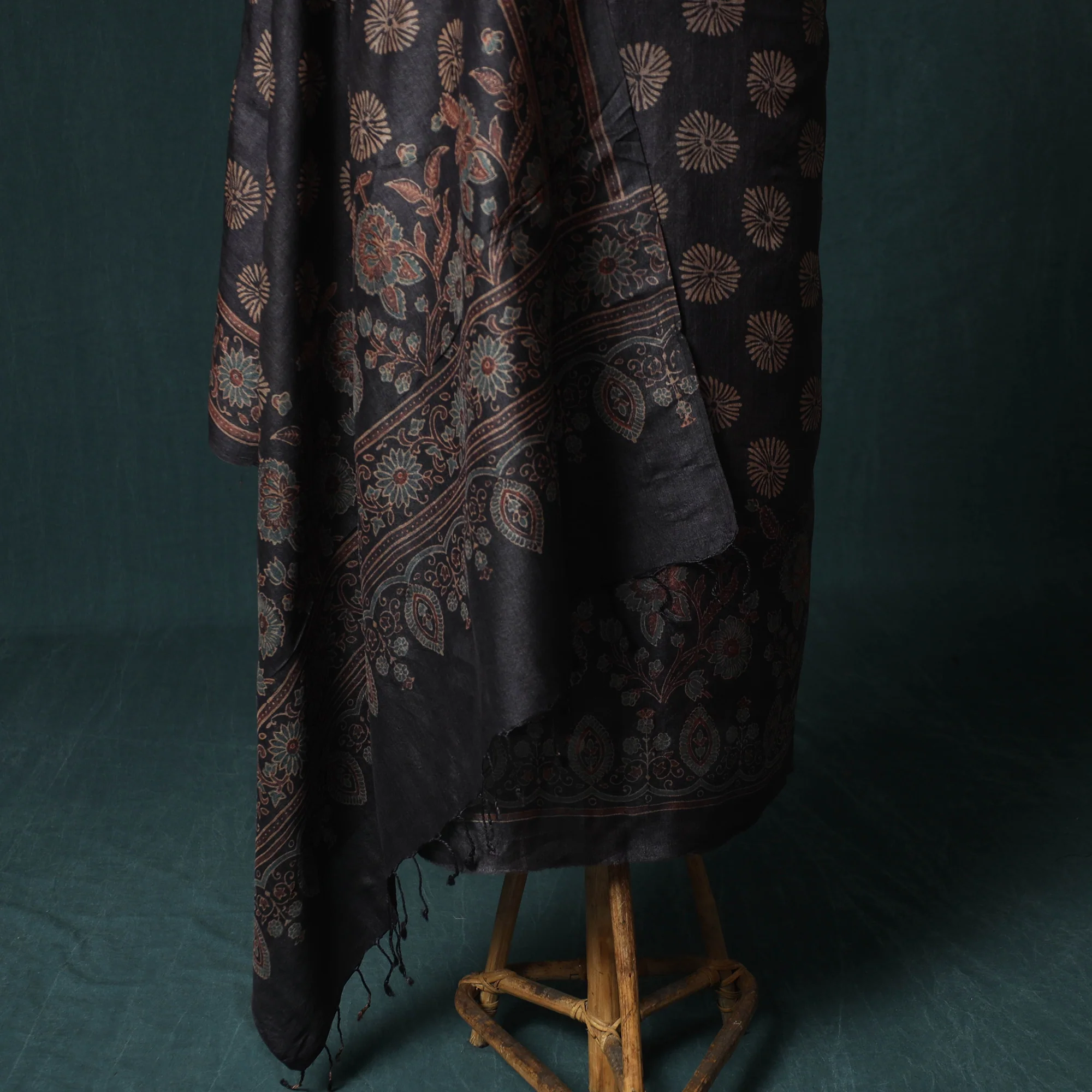 Black - 2pc Ajrakh Hand Block Print Handloom Tussar Silk Natural Dyed Unstitched Dress Material Kurta Set 05 - Image 4