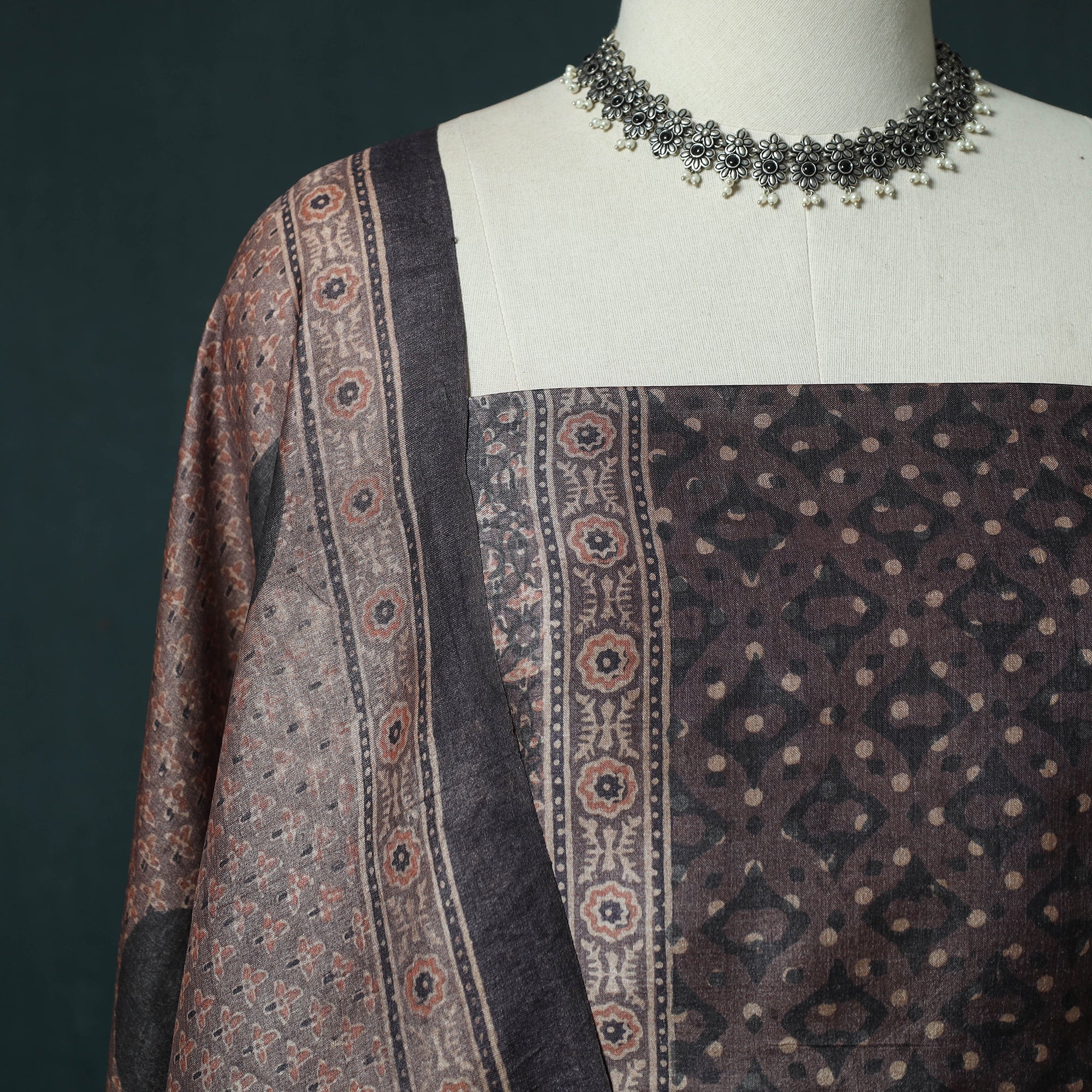 Brown - 2pc Ajrakh Hand Block Print Handloom Tussar Silk Natural Dyed Unstitched Dress Material Kurta Set 06 - Image 3