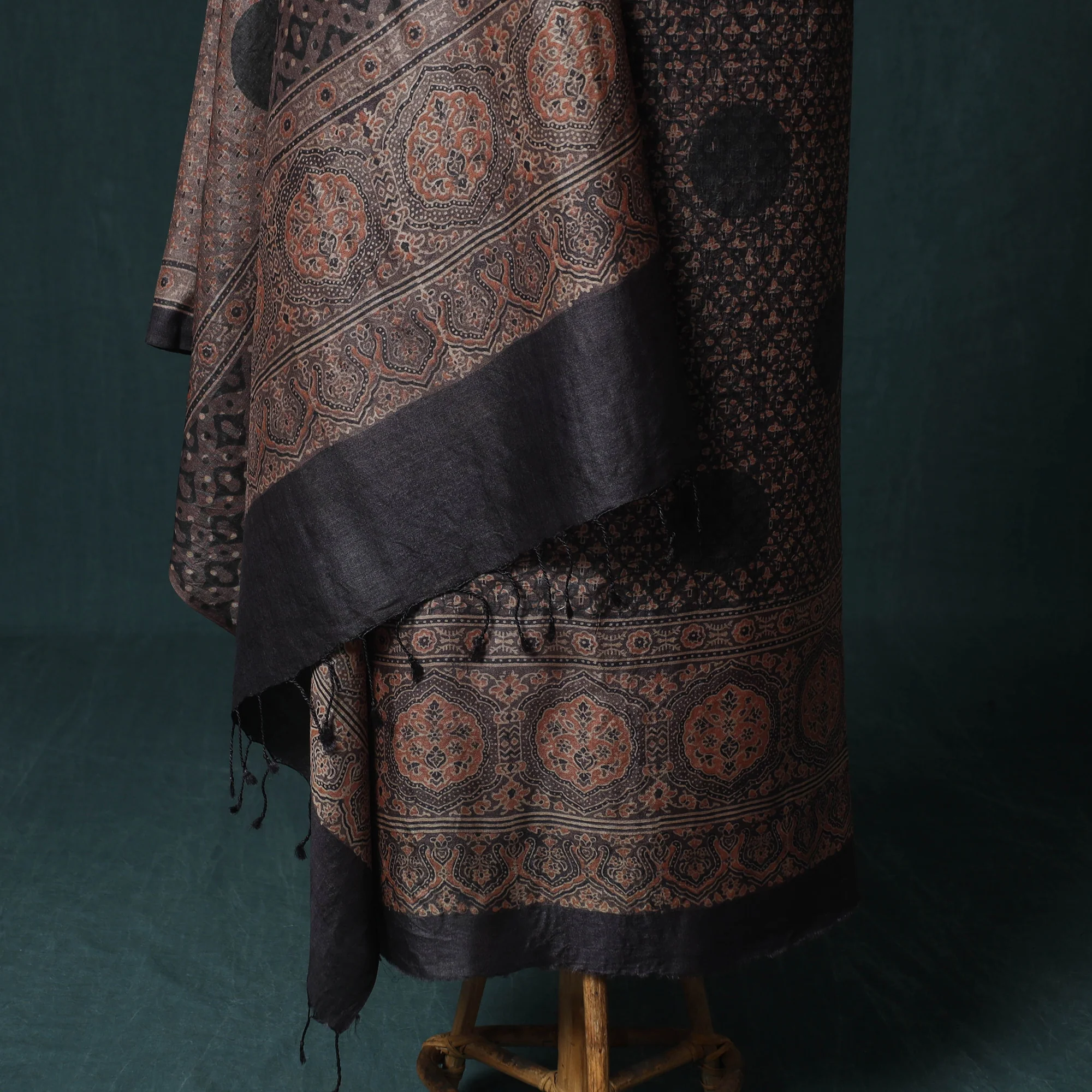 Brown - 2pc Ajrakh Hand Block Print Handloom Tussar Silk Natural Dyed Unstitched Dress Material Kurta Set 06 - Image 4