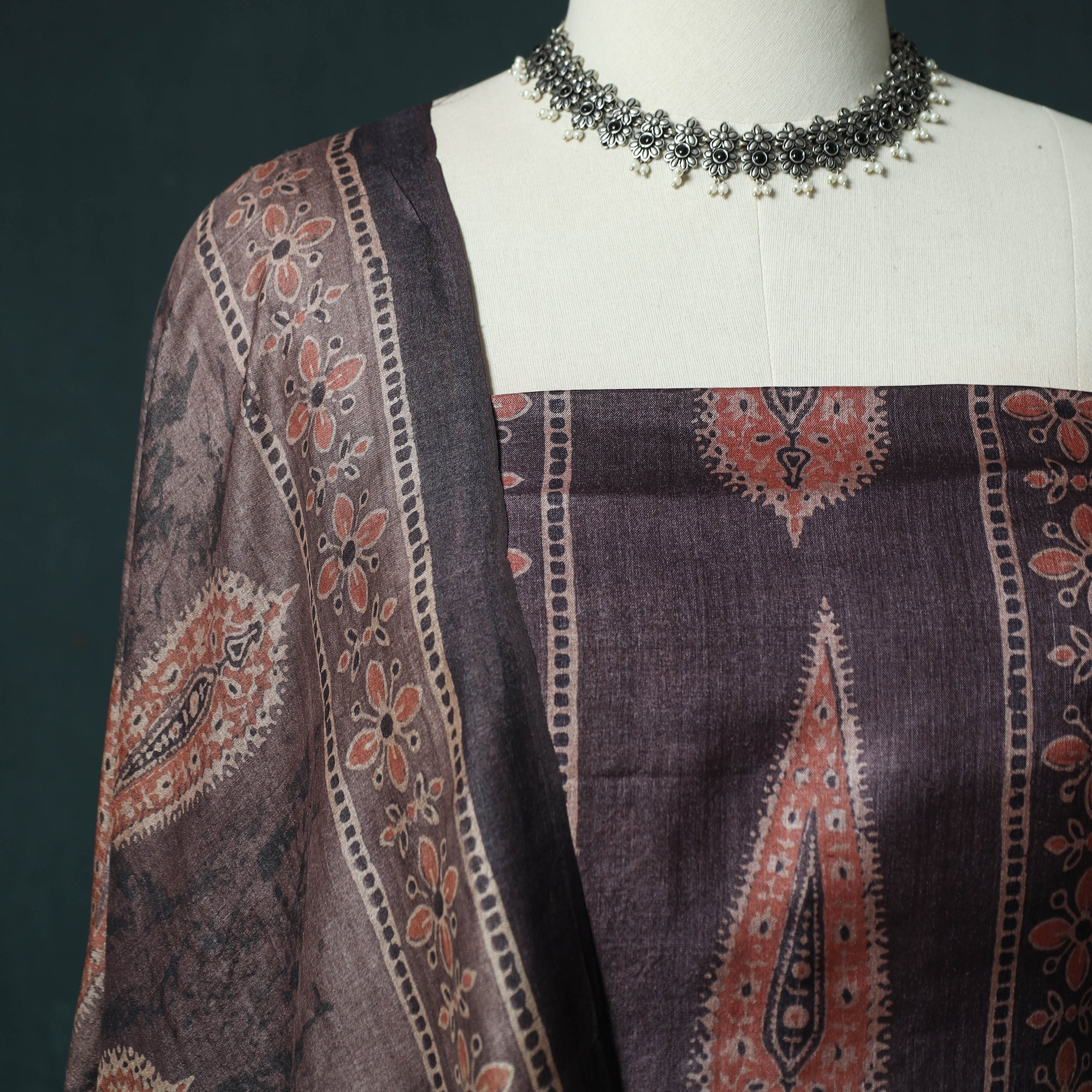 Brown - 2pc Ajrakh Hand Block Print Handloom Tussar Silk Natural Dyed Unstitched Dress Material Kurta Set 07 - Image 3