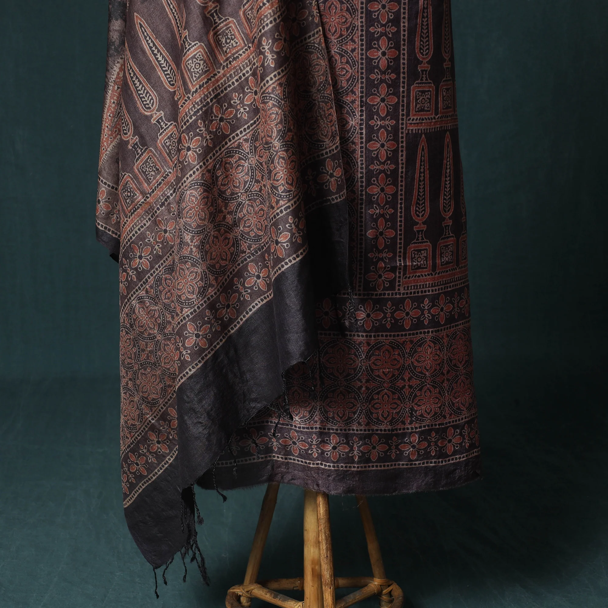 Brown - 2pc Ajrakh Hand Block Print Handloom Tussar Silk Natural Dyed Unstitched Dress Material Kurta Set 07 - Image 4