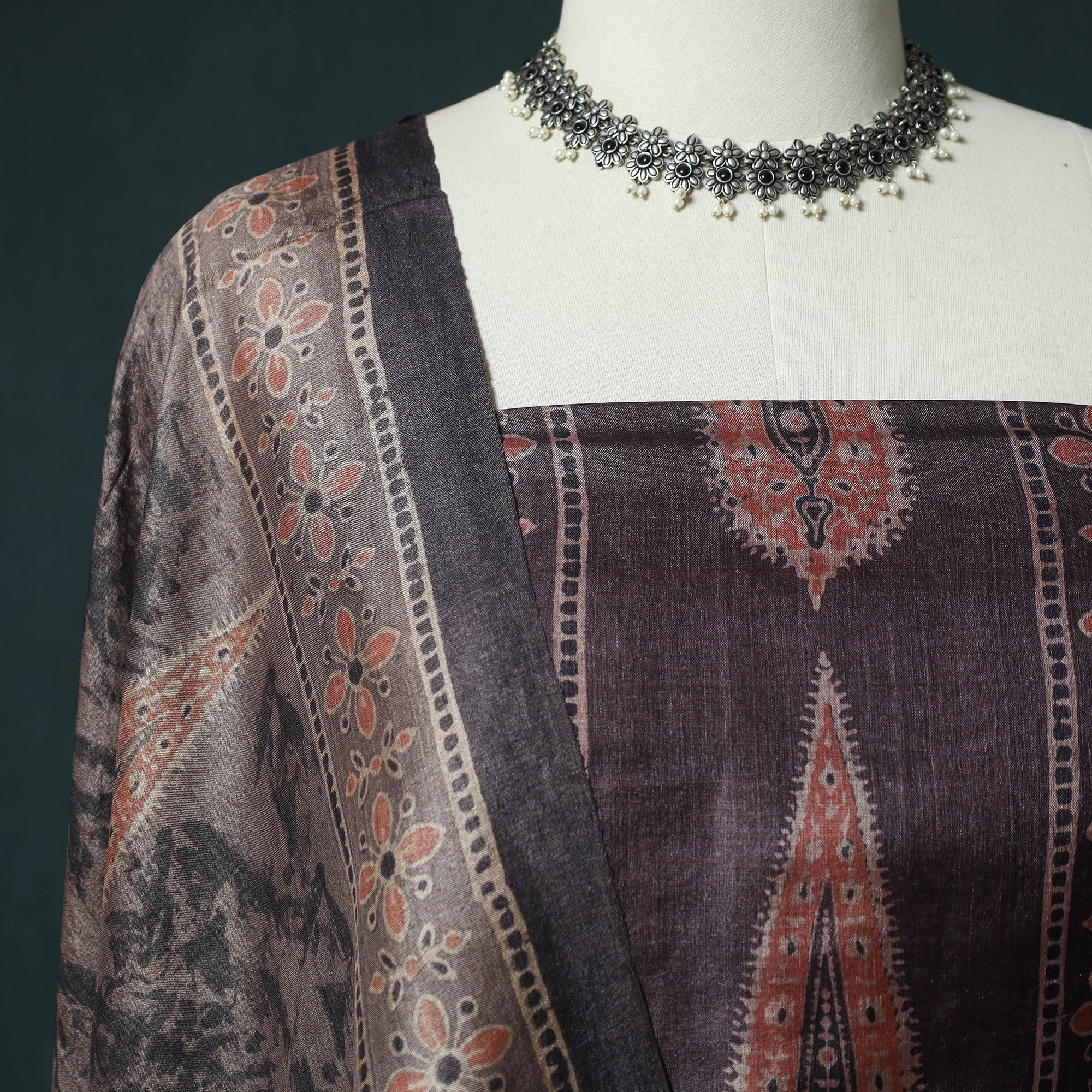 Brown - 2pc Ajrakh Hand Block Print Handloom Tussar Silk Natural Dyed Unstitched Dress Material Kurta Set 08 - Image 3